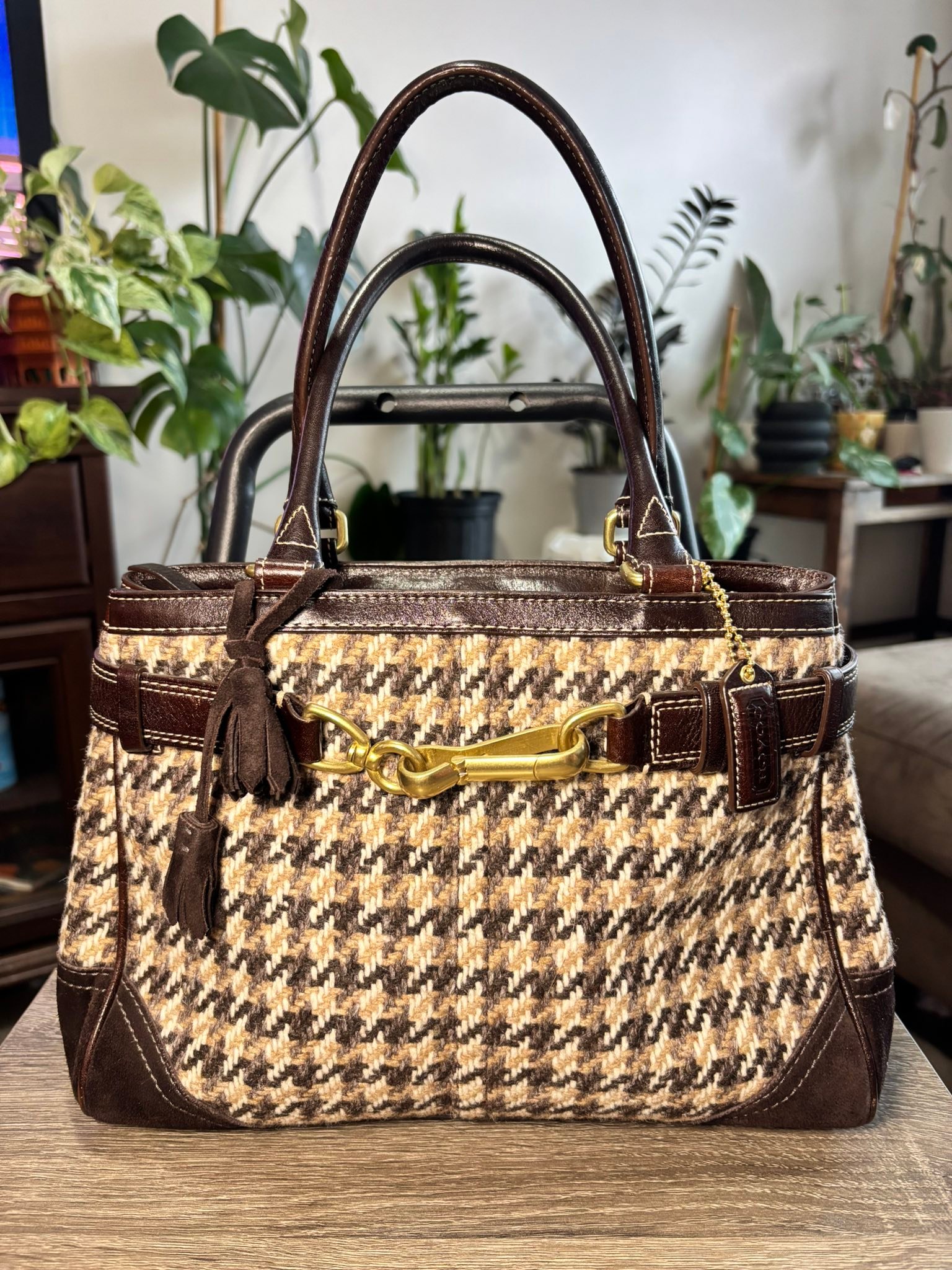 Vintage Coach Hamptons houndstooth tweed satchel for sale