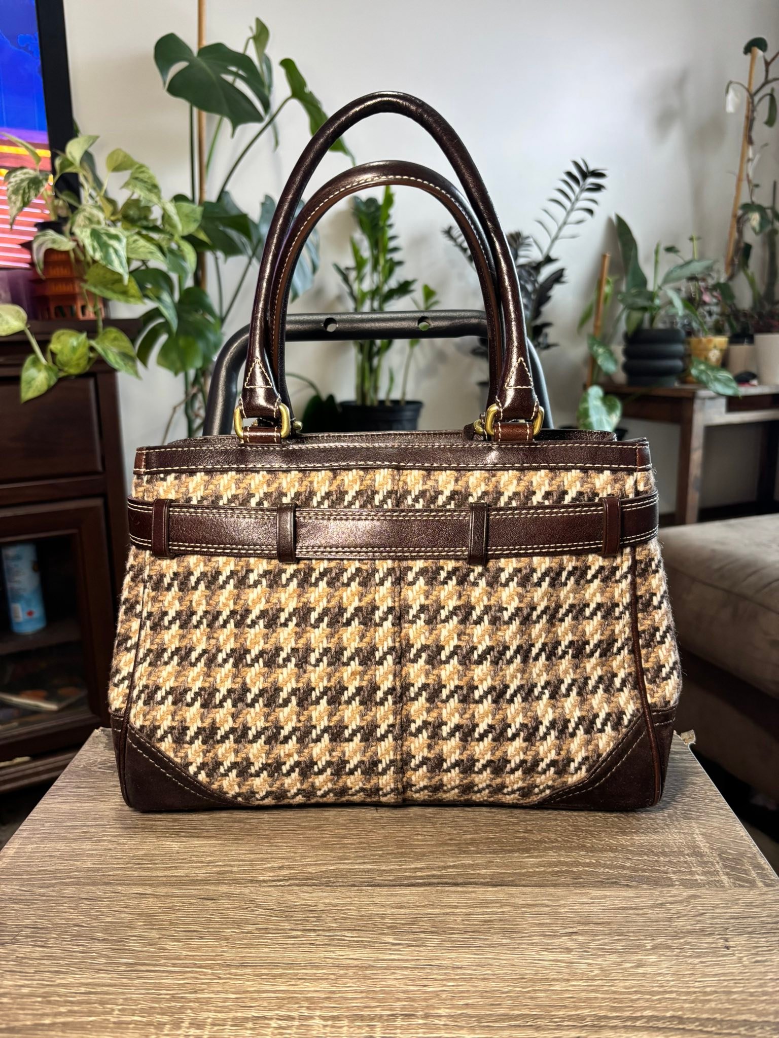 Vintage Coach Hamptons houndstooth tweed satchel for sale