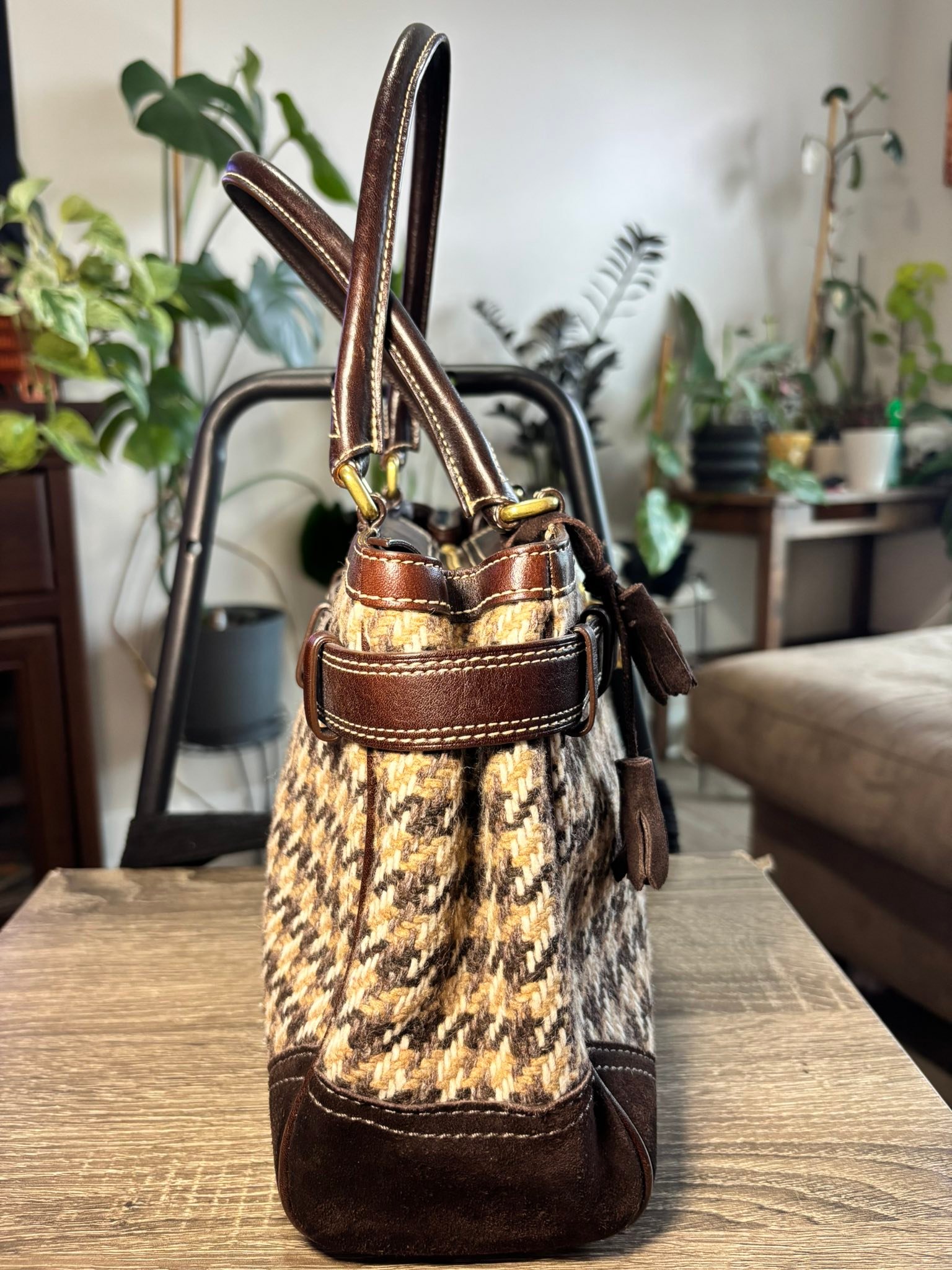 Vintage Coach Hamptons houndstooth tweed satchel for sale