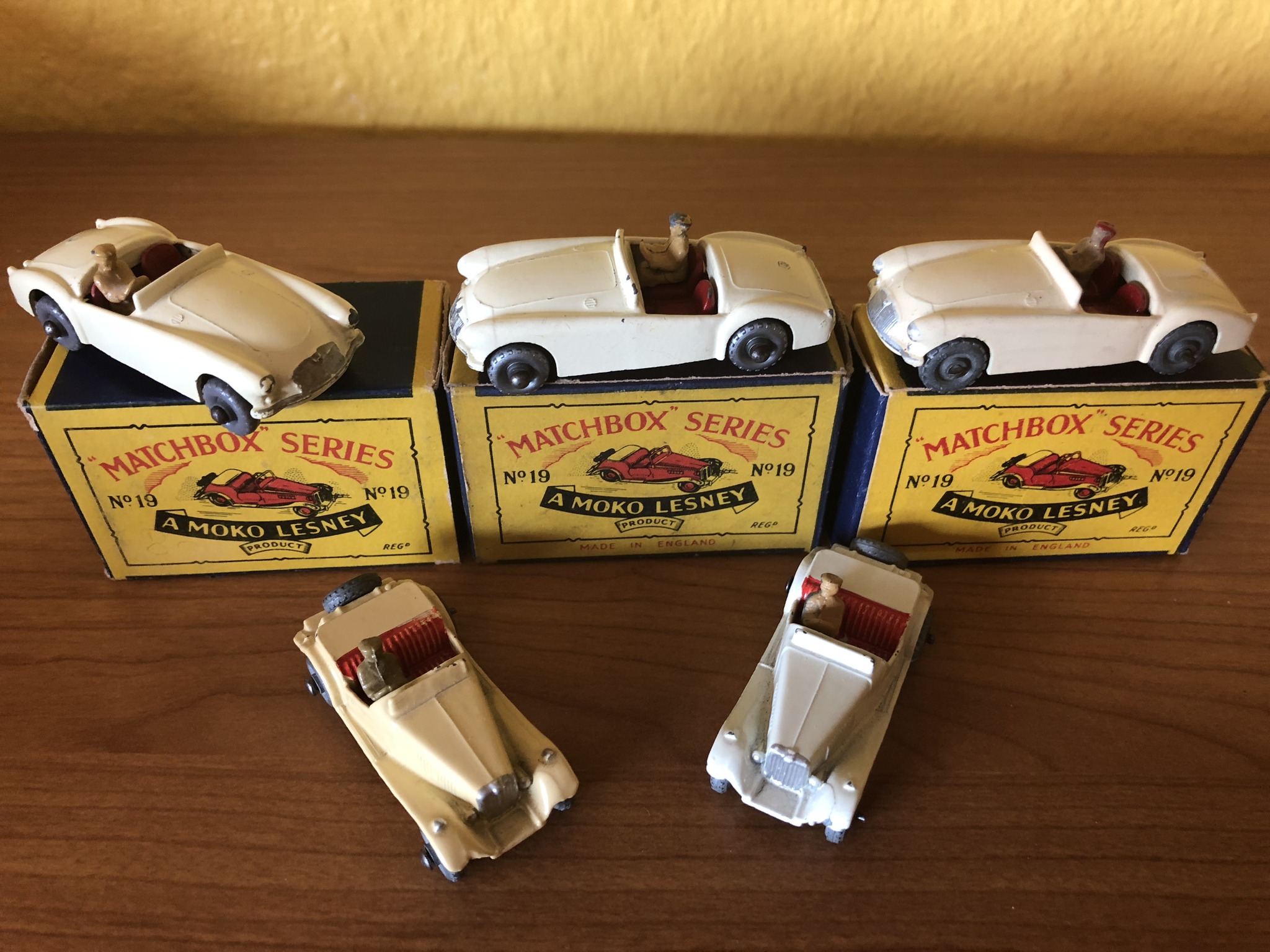 Rare Matchbox 19a and 19b MGA sports cars with original boxes