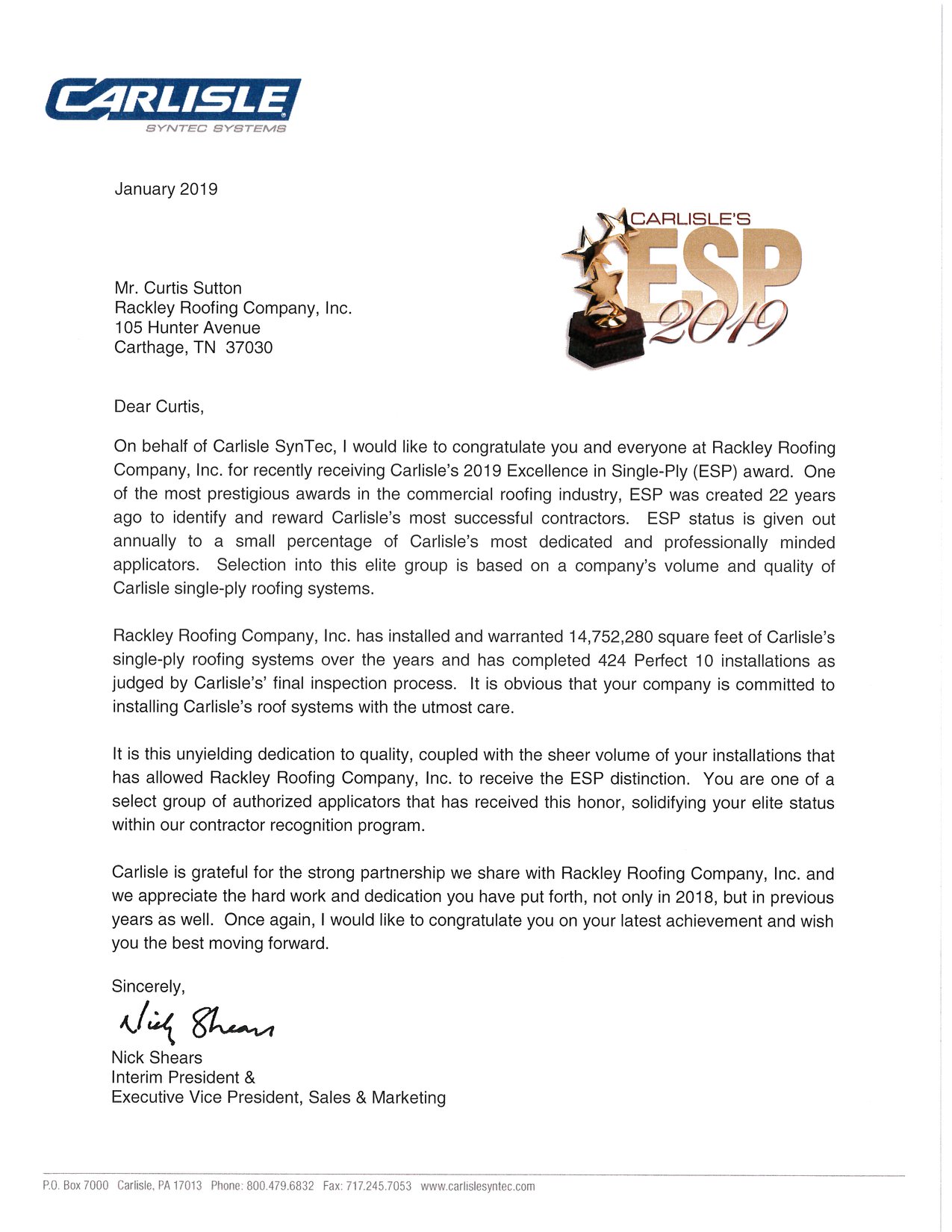 We are honored to once... - Rackley Roofing Company, Inc.