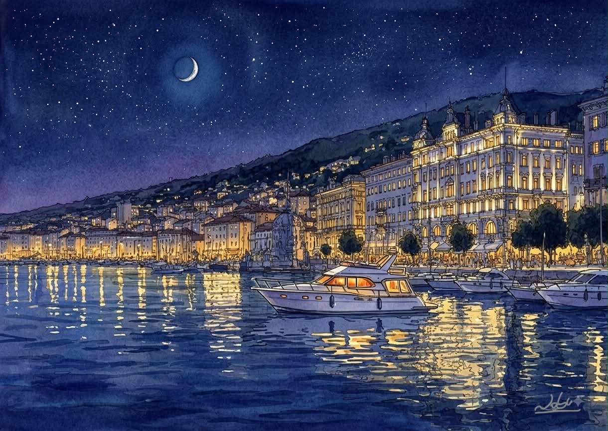 水彩画　「Polar Moon」 寄港 モナコの熱い夜」 