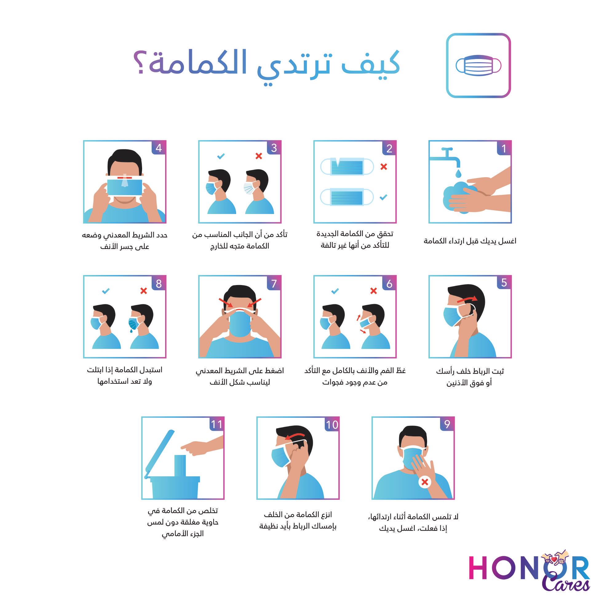 Honor Arabia الخطوات البسيطة ممكن تنقذ الكثير تعر ف على طريقة لبس الكمامة الطبية ولا تنسى تحافظ على سلامتك وصحتك Honorcares خلك في البيت Facebook