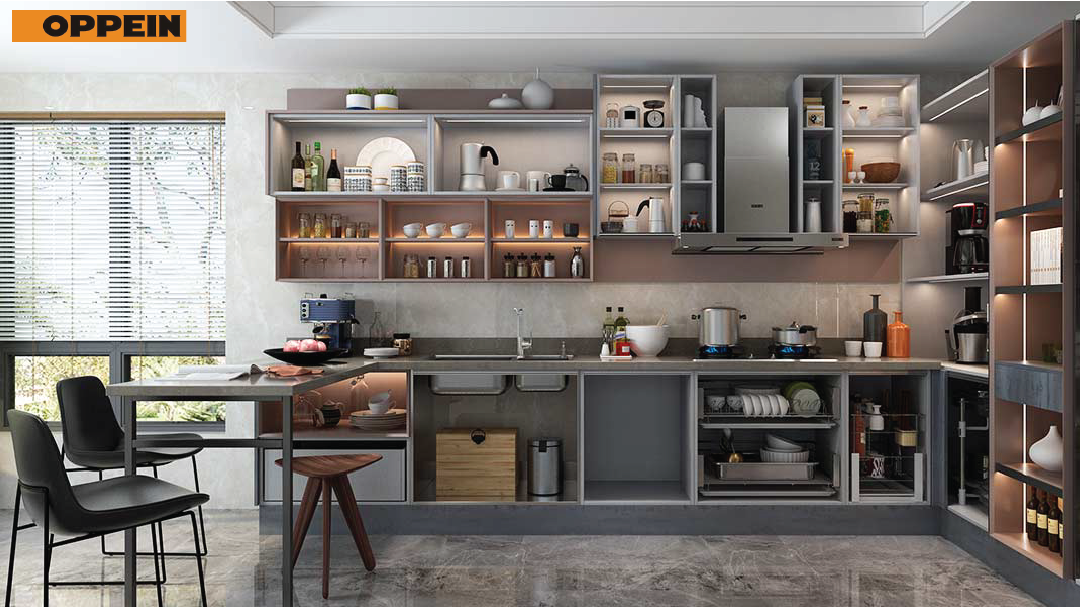 Oppein Bangkok - L-shaped Wood Grain Melamine Kitchen...