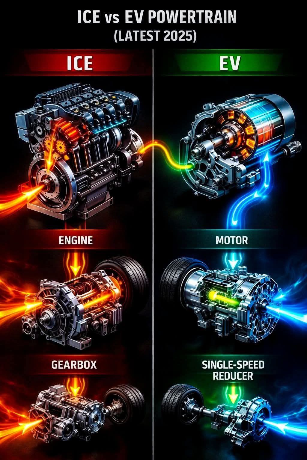 The image is a comparison of the powertrain components between an ...