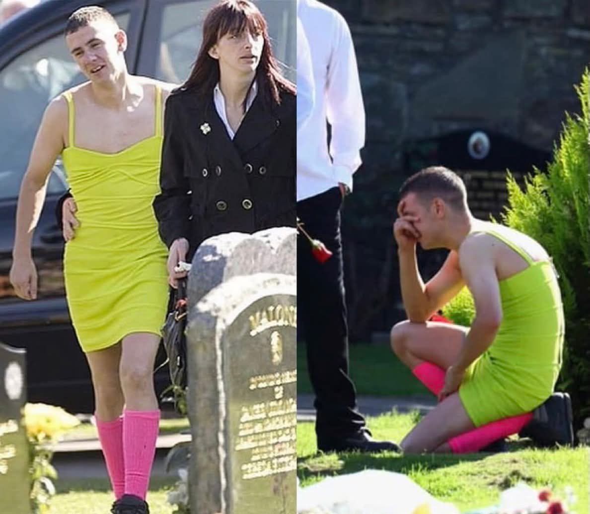This is the funeral of Private Kevin Elliott, who was k*lled in Afghanistan. His best friend, Barry Delaney, wore a green dress to honor a long-time agreement, like a bet: if one