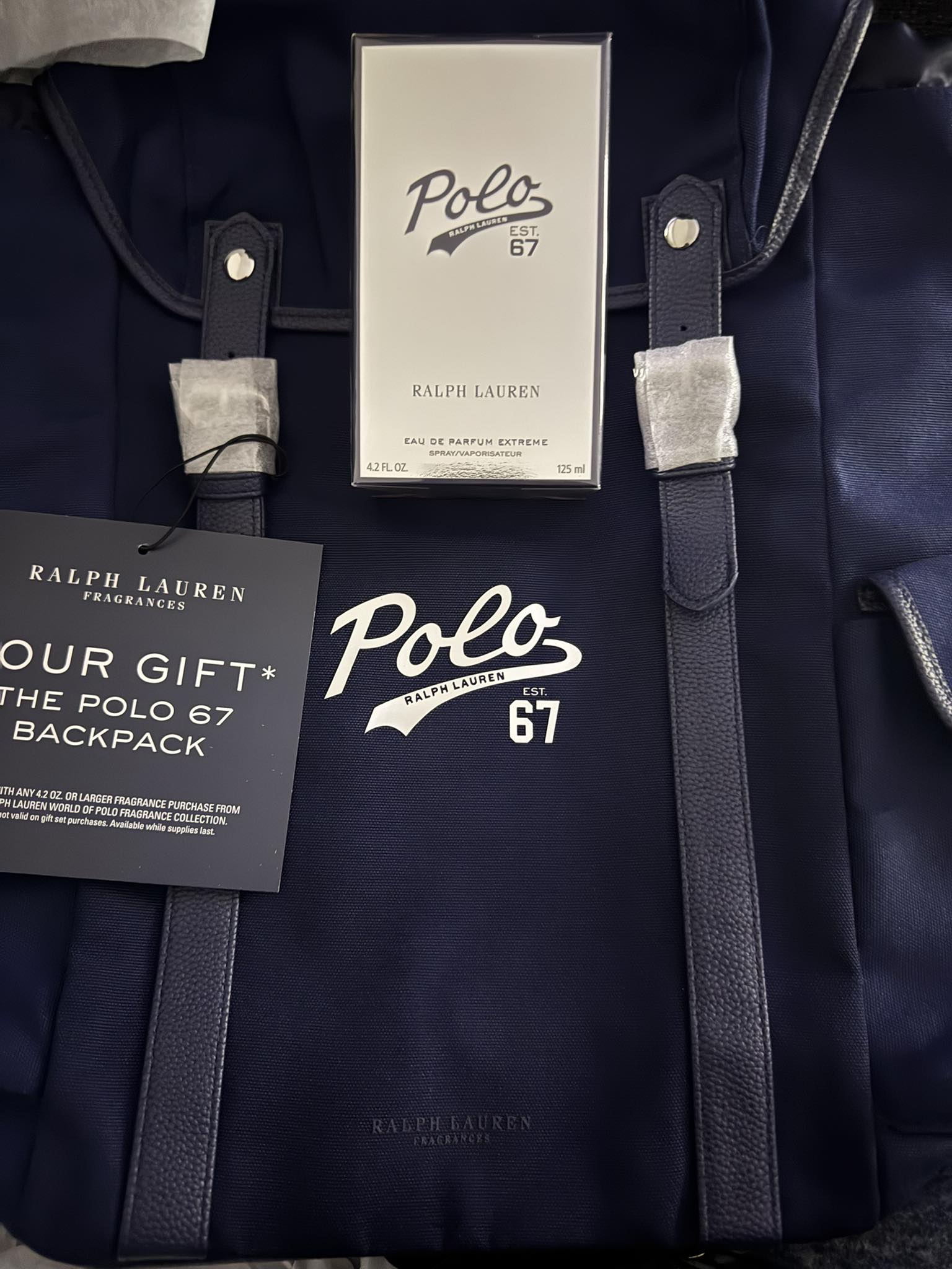 Ralph Lauren Polo 67 backpack and Eau de Parfum Extreme scent