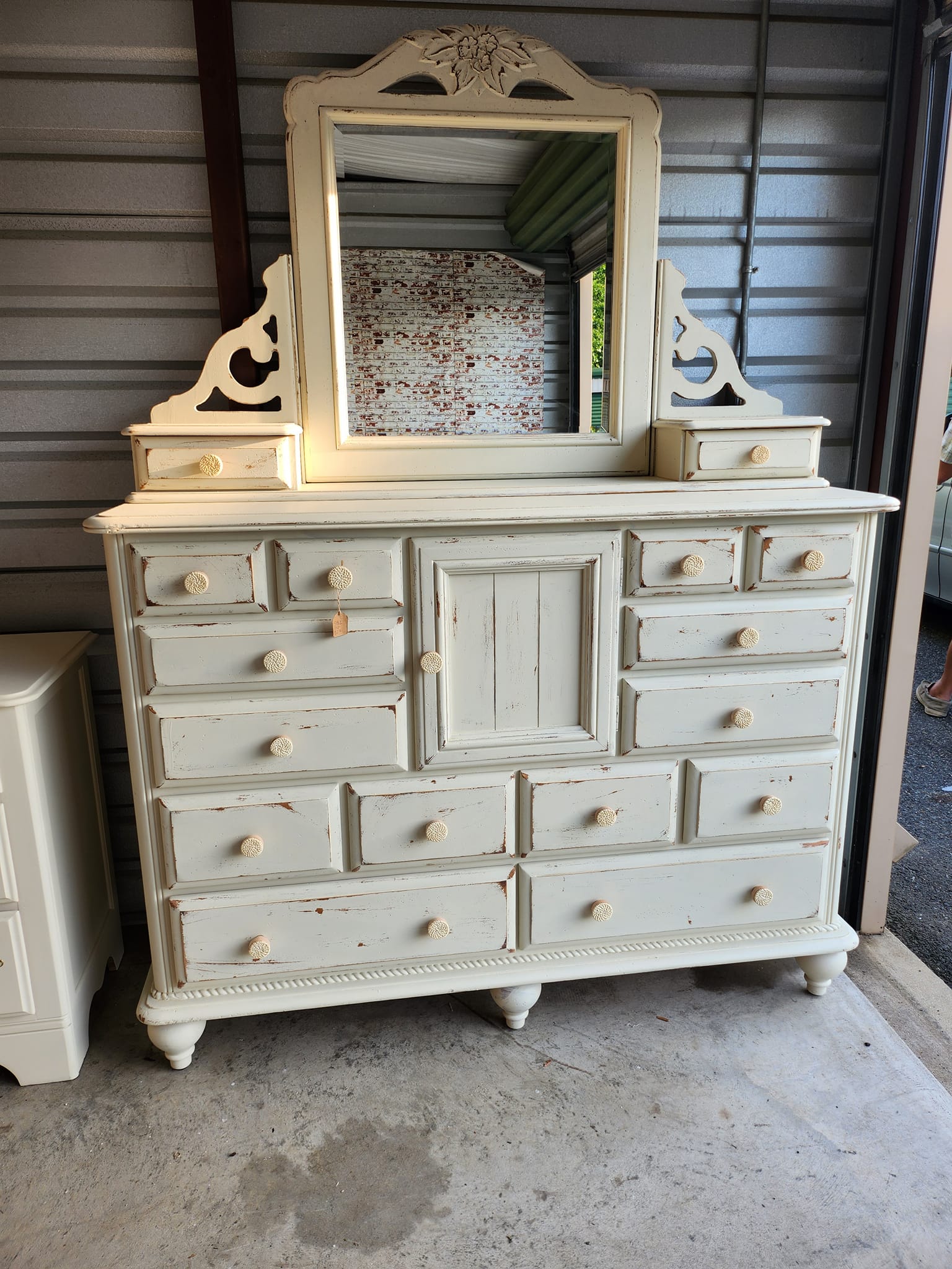 Elegant tall cream dresser with mirror, charming coastal painted bench