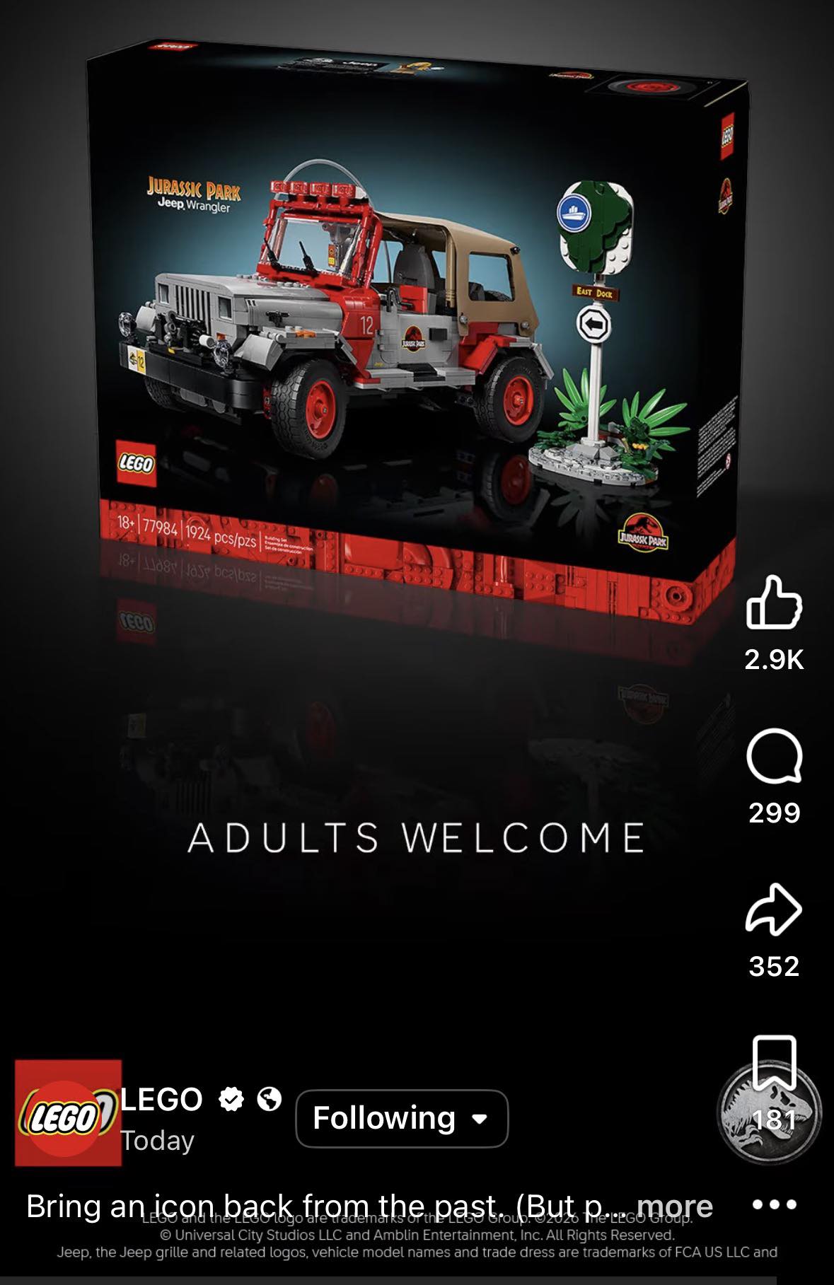 It's official! Jurassic Park Jeep Wrangler 77984! 1924pcs.