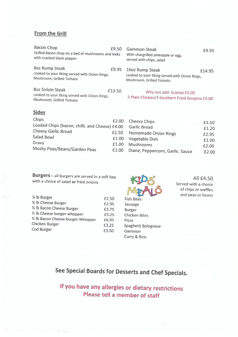 Menu for take away. We are... - The Saxon Inn, Escomb | Facebook