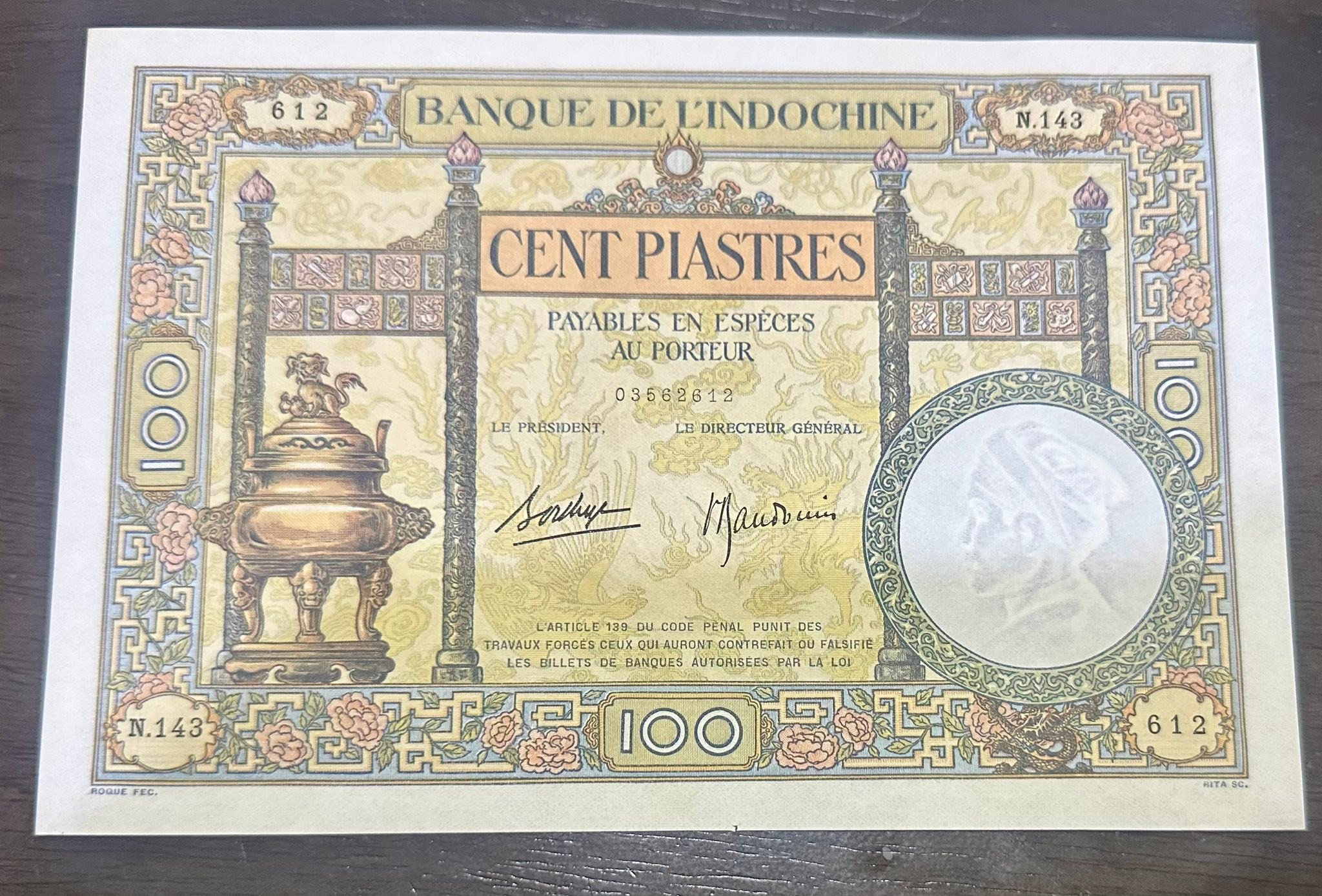 1936-39 French Indo-China 100 piastres banknote