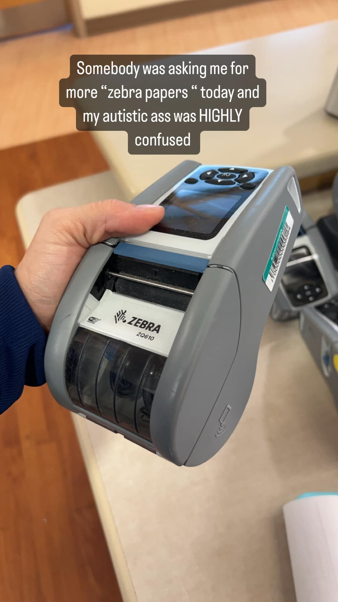 Mistaking label printer for zebra print wallpaper