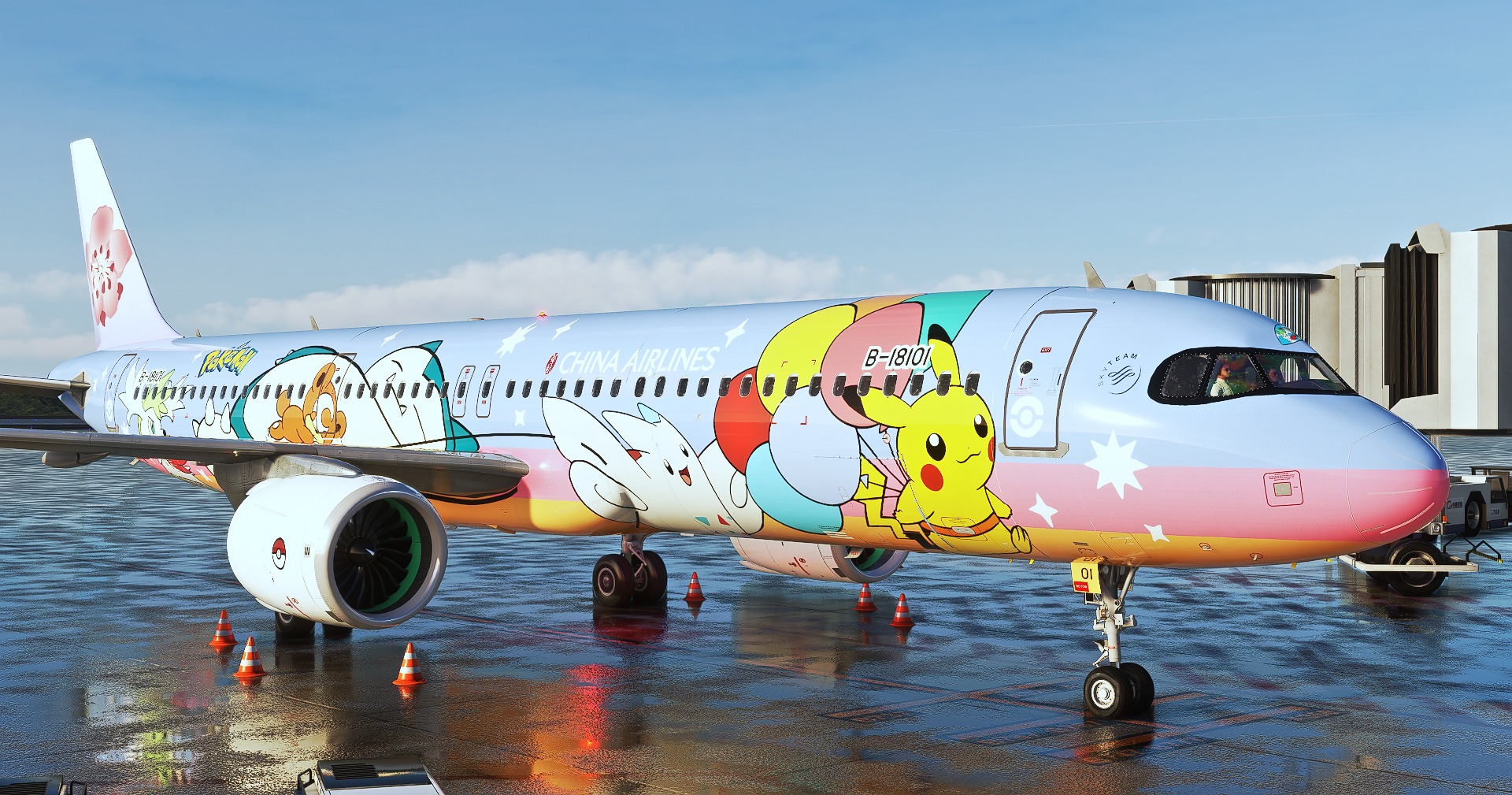 China Airlines A21N Pokemon livery departing TPE