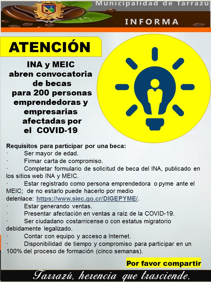 INA y MEIC abren convocatoria... - Municipalidad de Tarrazú
