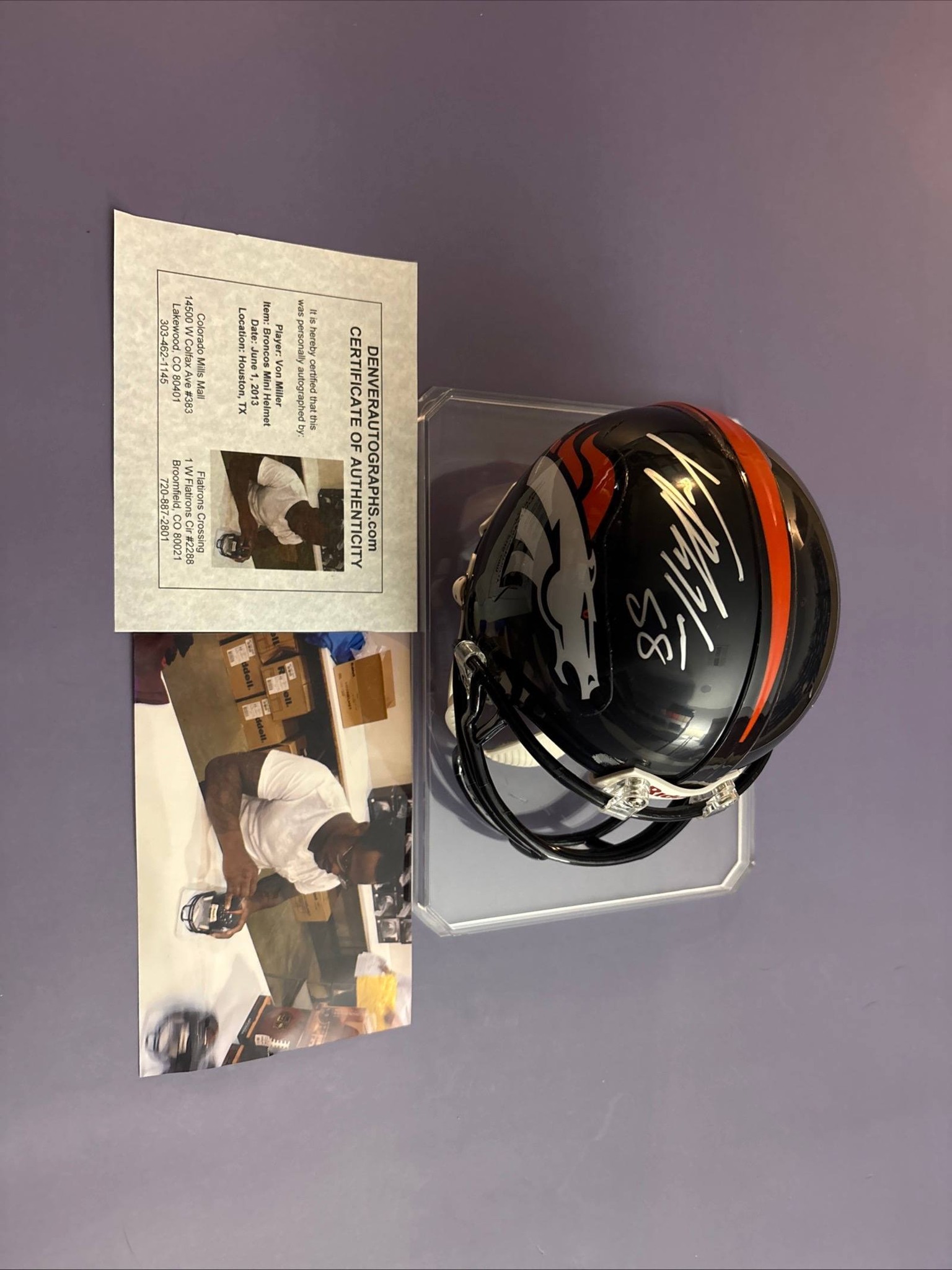 Anyone interested in a signed Von Miller mini helmet with COA, pic  display picture 1