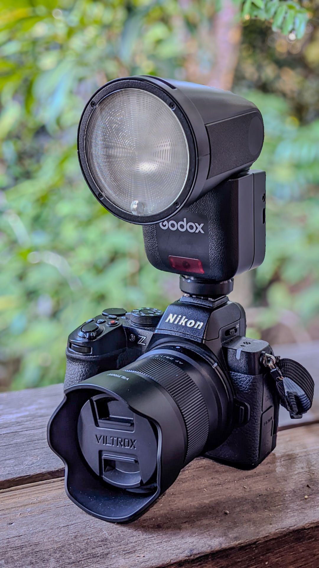 Nikon Z50 II with Viltrox 25mm f1.7 lens and Godox V1 speedlight