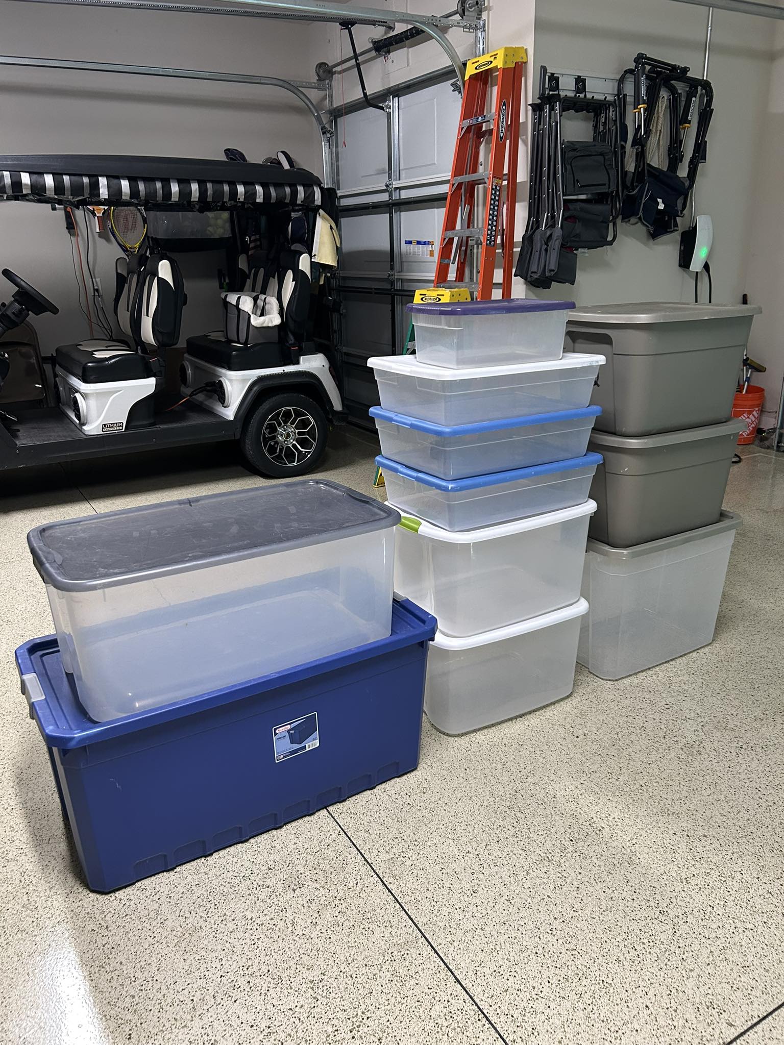2 extra large Sterilite storage bin, 50 gallon with snap on lid
