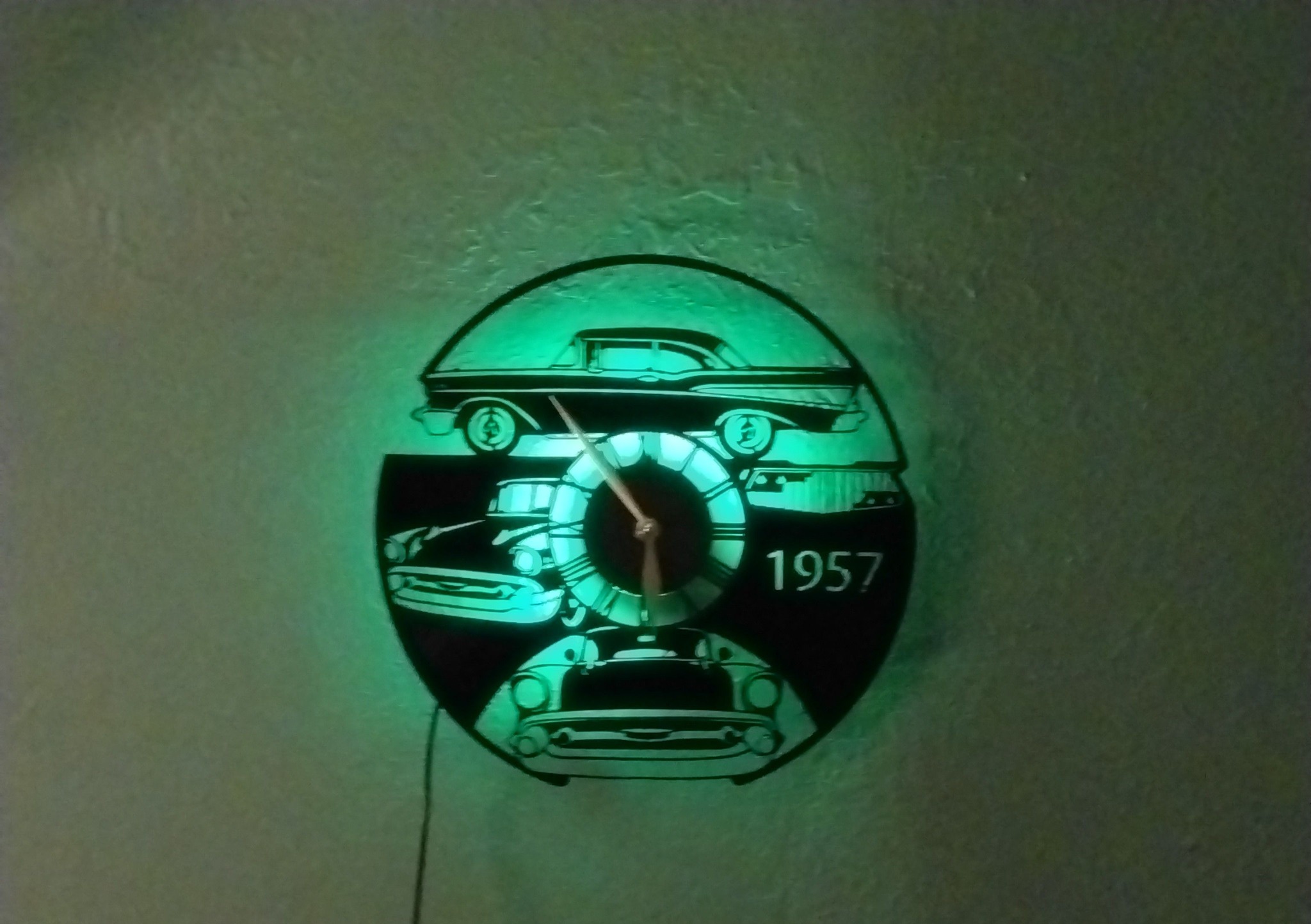 Lighted 1957 Chevy Bel Air clock made from vinyl record