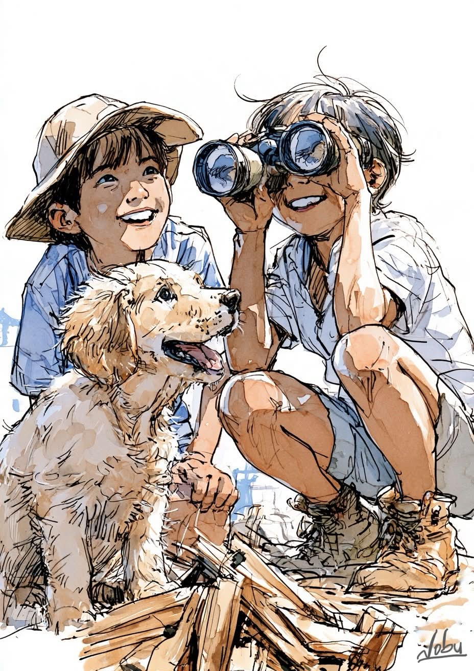 水彩画 Tanti Salute! サン・ジミニャーノ 1998年 船が来たぞ〜 助かったぁ💕 見せて見せて お腹すいた🐕 #漂流記