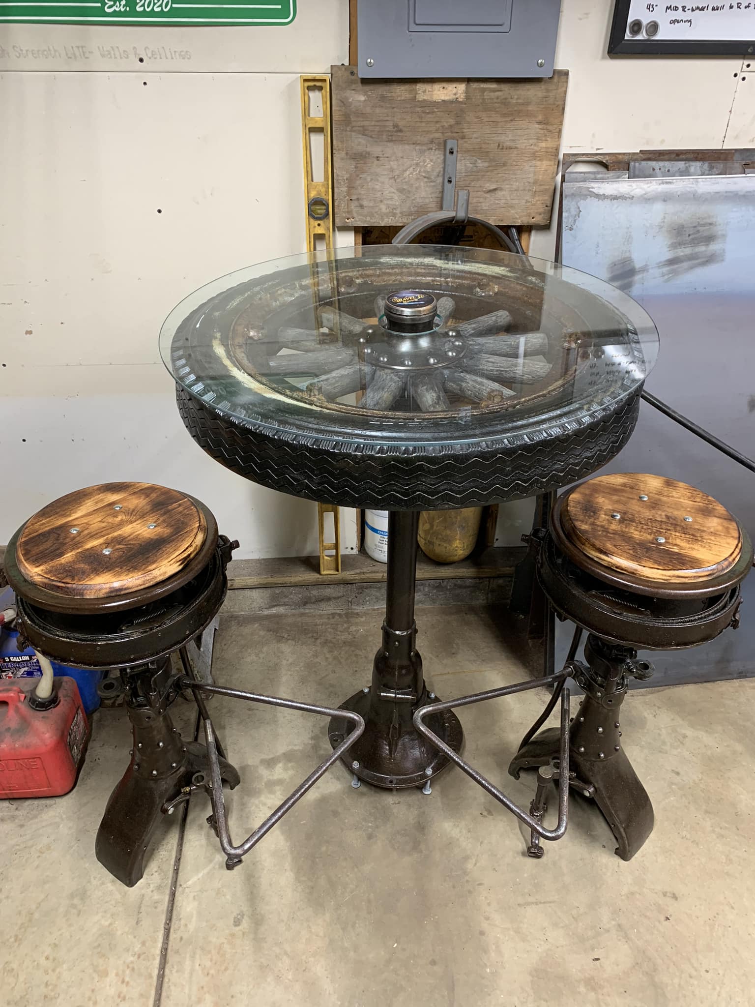 1928 Buick rear axle pub table and stools for sale