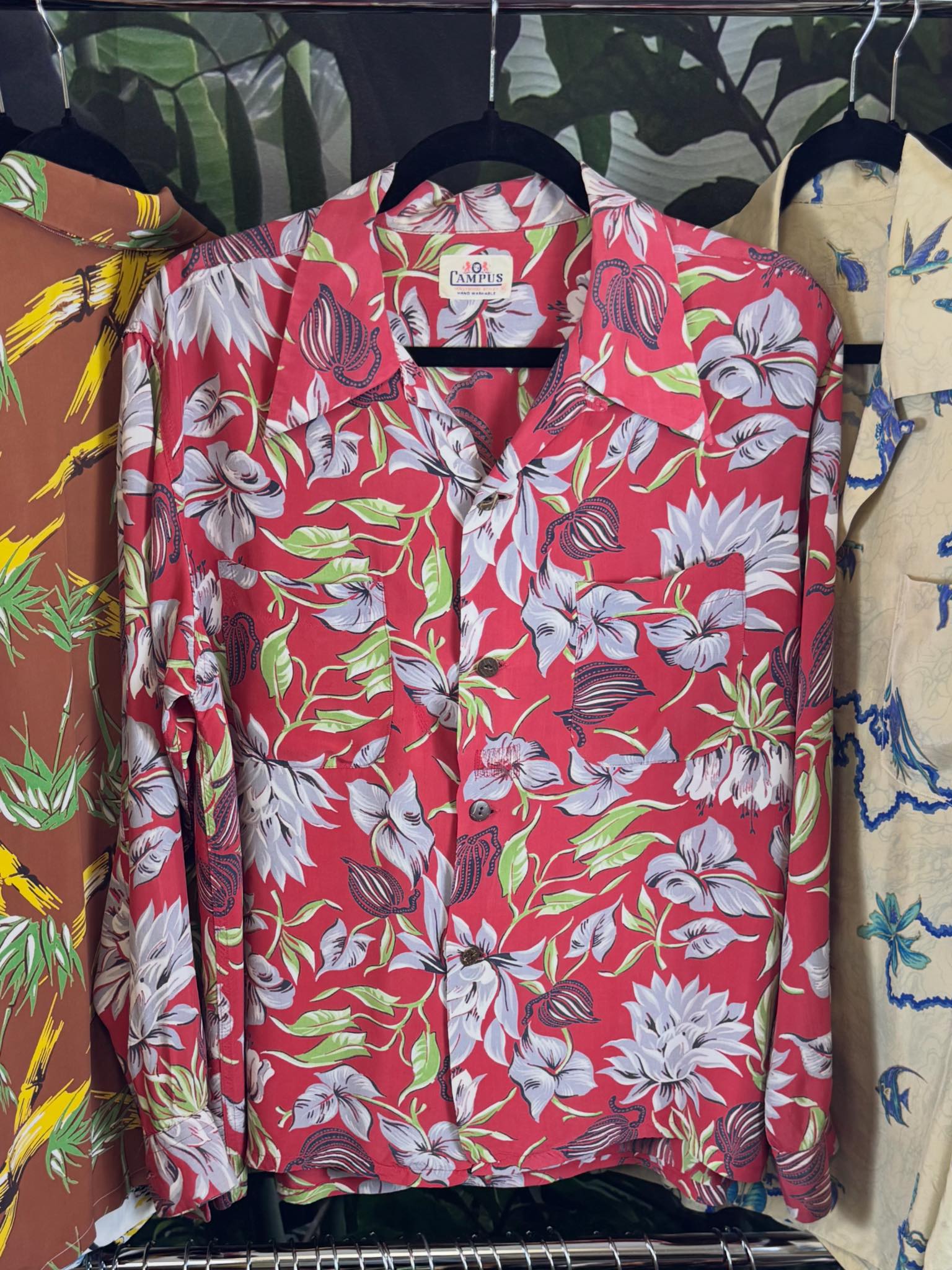 Late 40s early 50s long sleeve cold rayon aloha shirt by campus