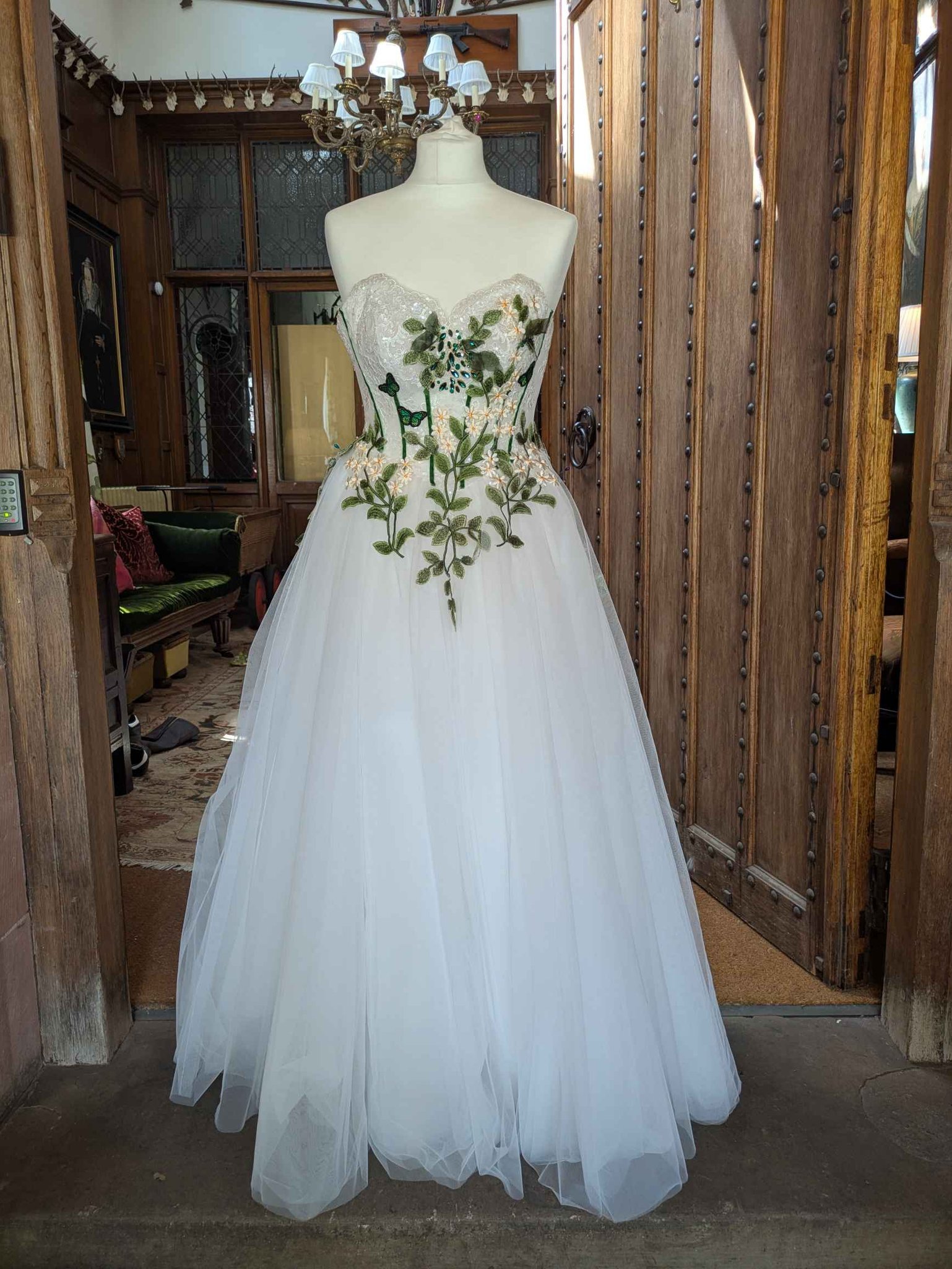 white wedding dress with green leaves Handmade 'Woodland Fae' embroidered flowers main fabric: scuba