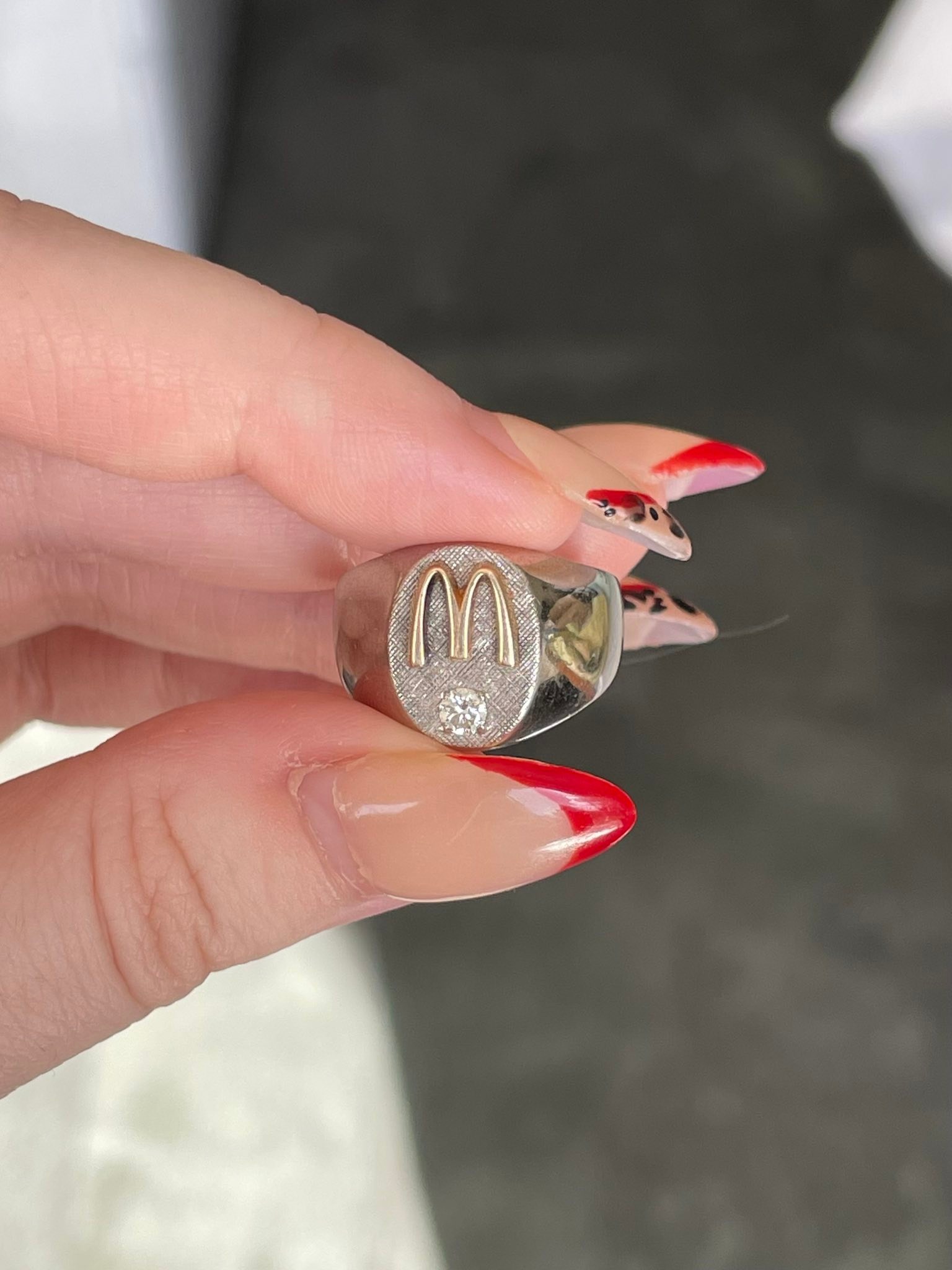 Vintage McDonald's 10K white gold signet ring with diamond for sale