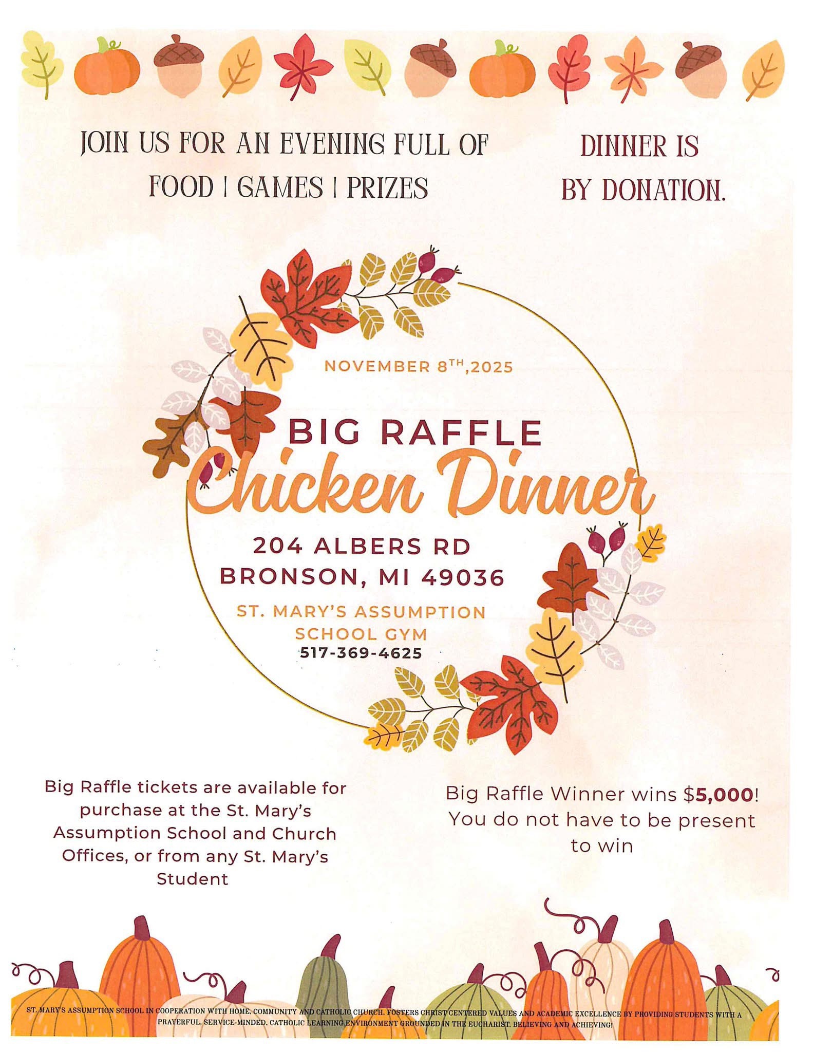 St. Mary’s Chicken Dinner School Fundraiser & Big Money Raffle