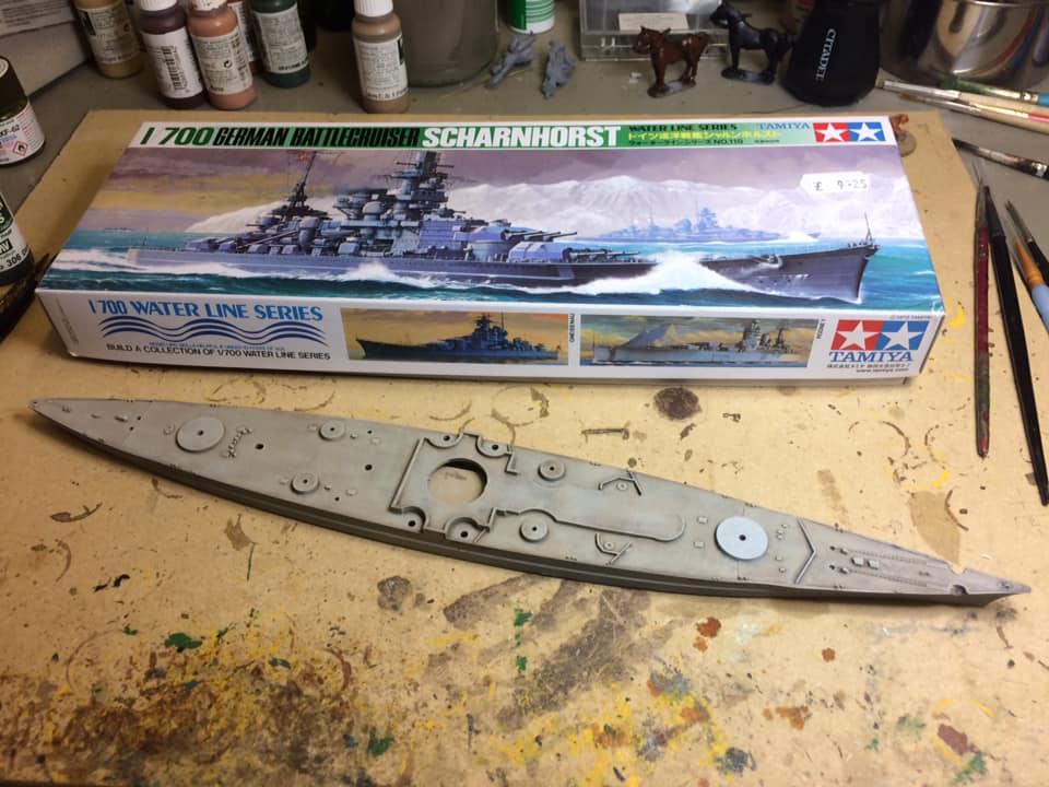 Here is my work so far on a 1/700 scale model of the Scharnhorst.