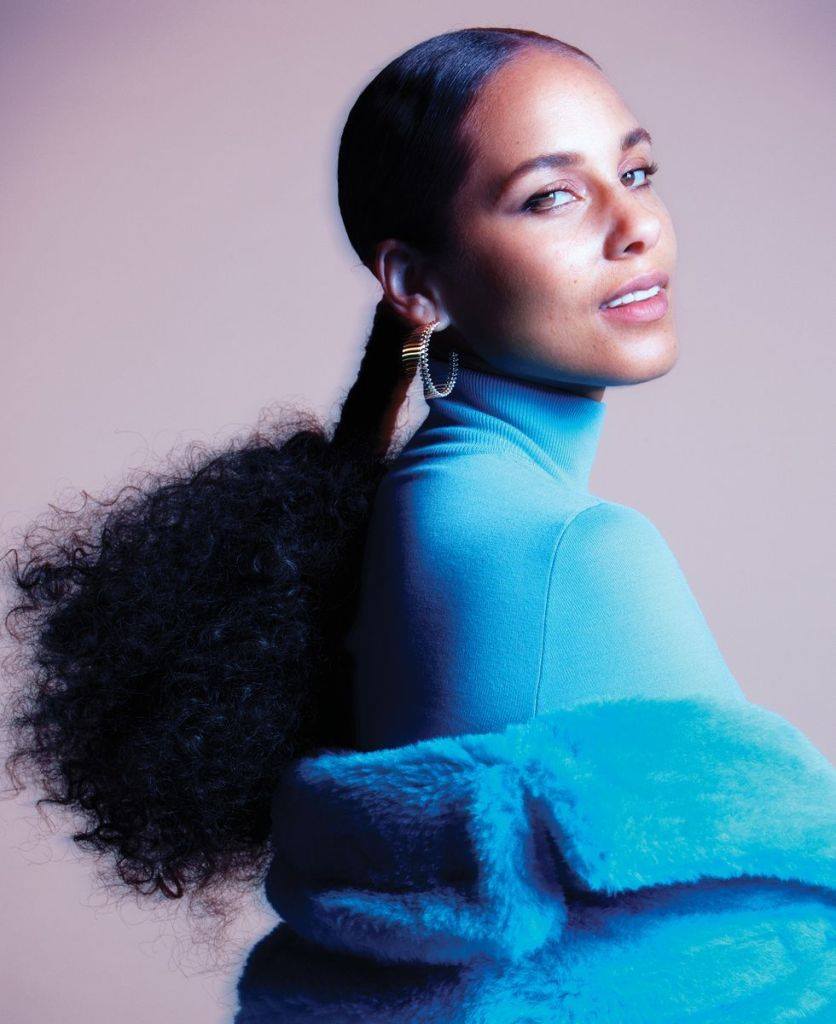 alicia keys blue dress in Givenchy at Tiffany and Co launch Grammy awards