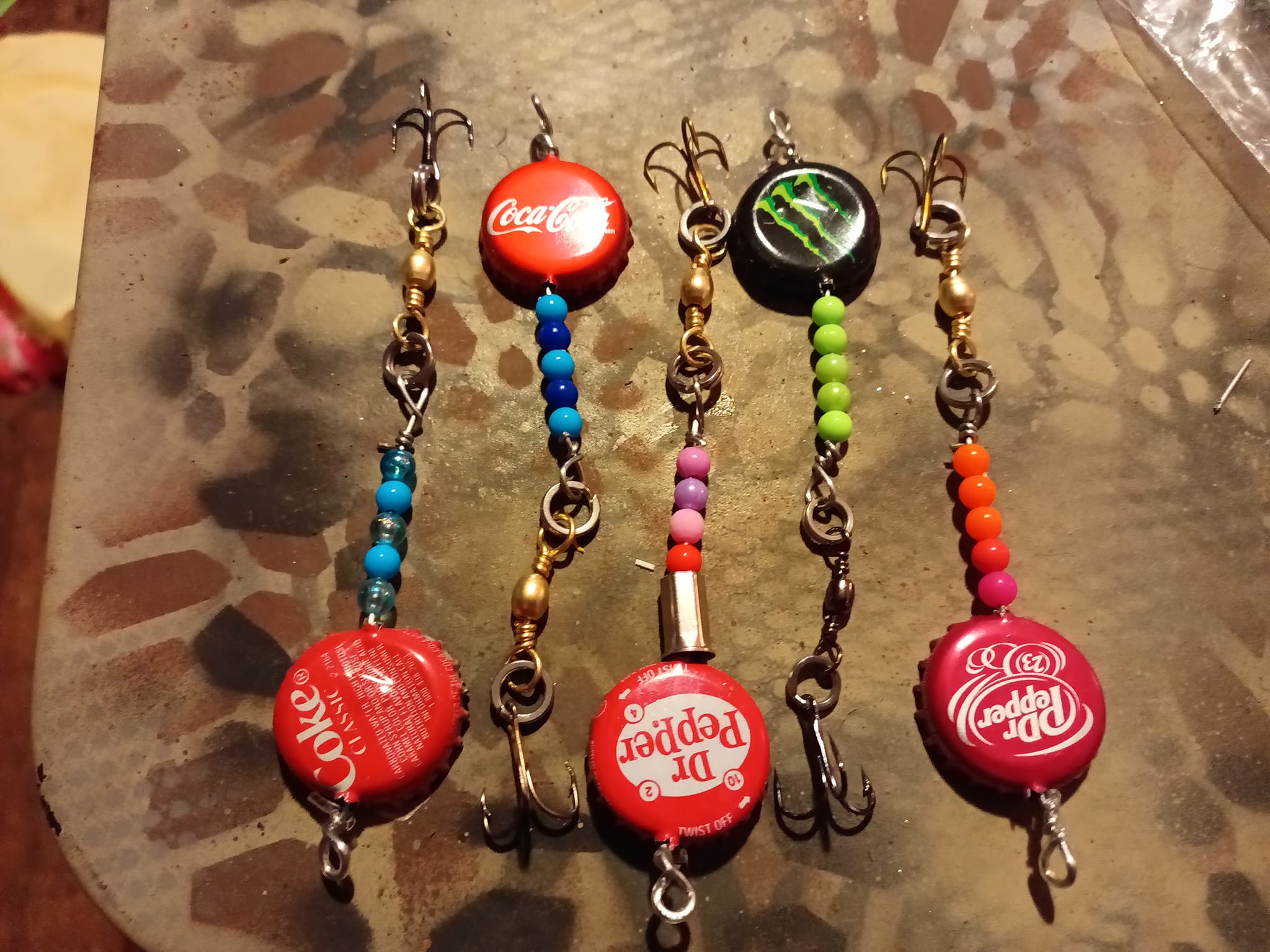 coke bottle cap fishing lures Cackalacky Booze Bait Lure Booze Bait + Dressed Chartreuse Feathers Trailing Hook a swivel attachment Beer Bottle Cap Fishing Lures