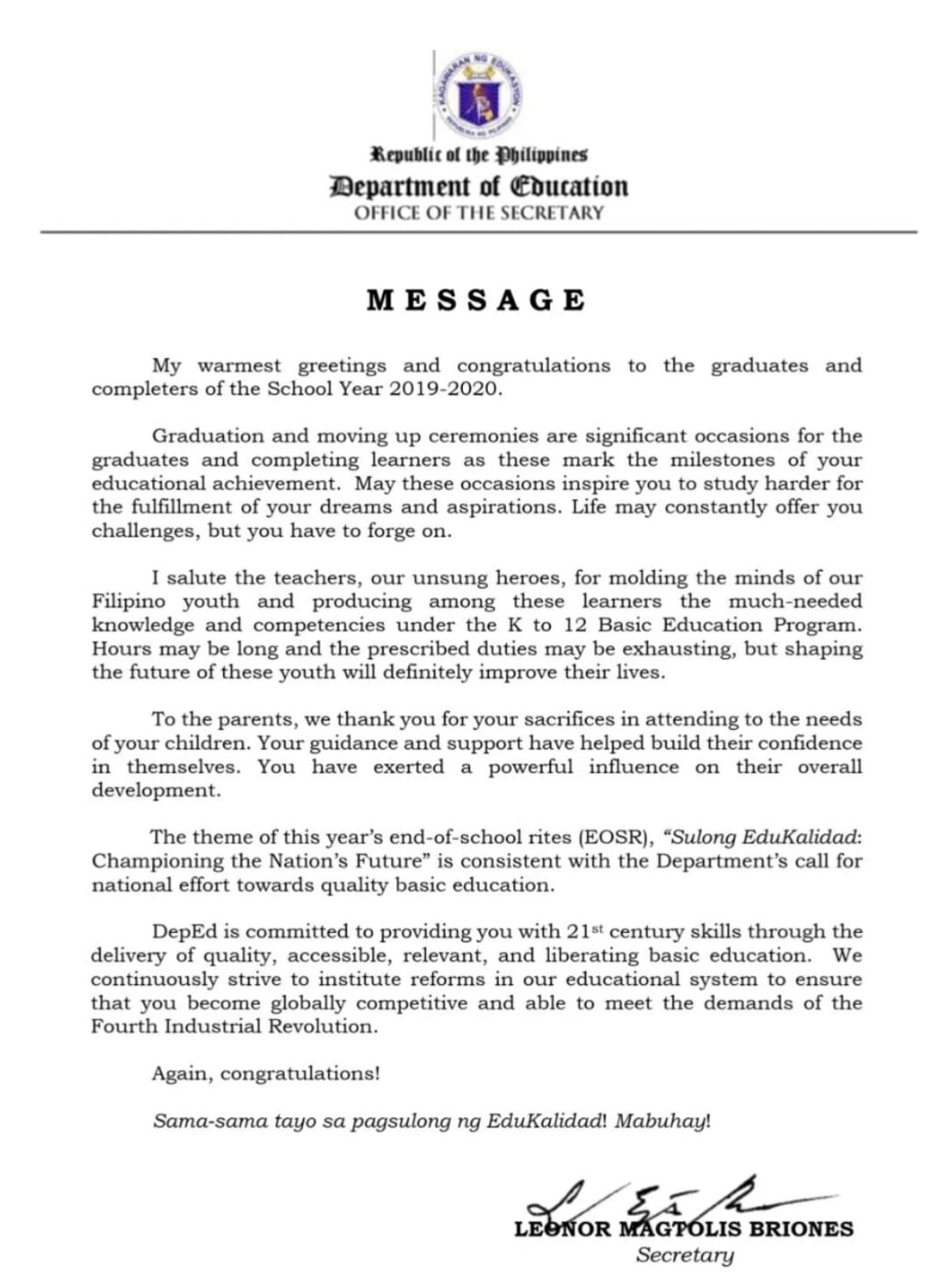 DepEd Secretary's Message on the Graduation/Moving-up Ceremonies for ...