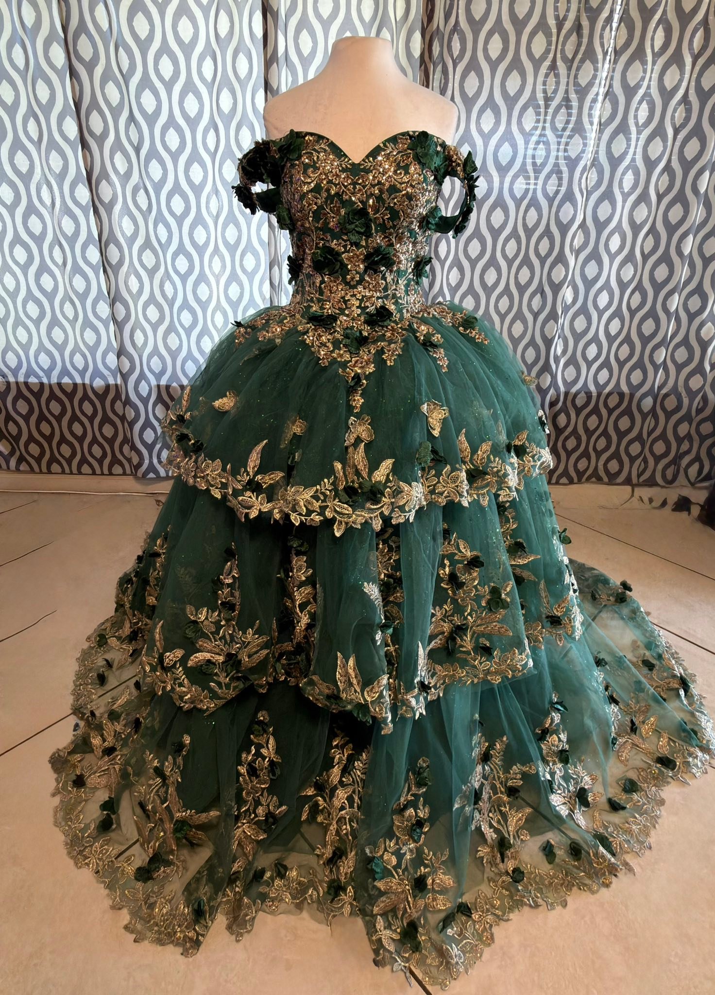 Emerald green and gold quinceanera ball gown for sale