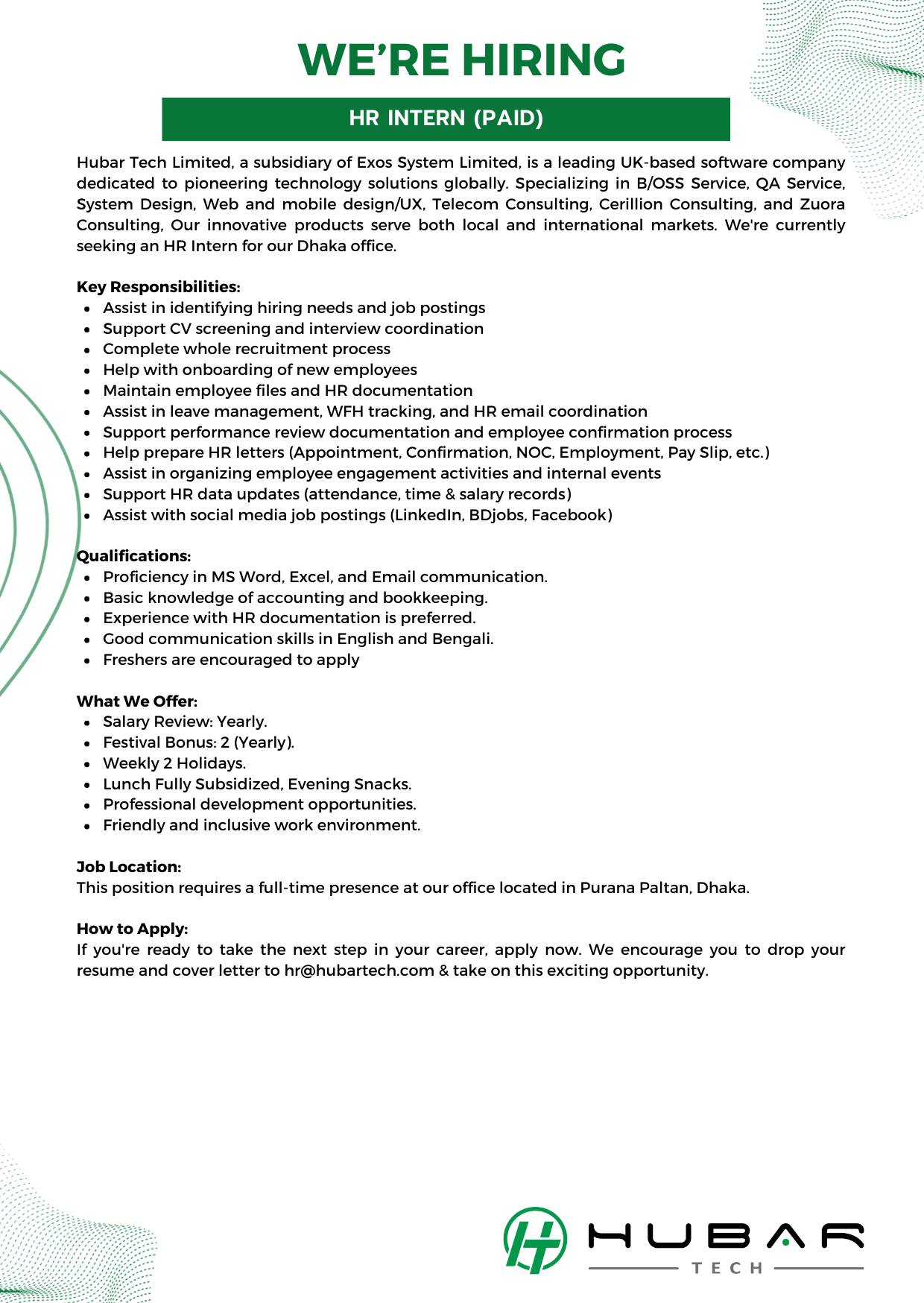 HR DESK | Hubar Tech Limited is looking for HR intern (paid) | Facebook