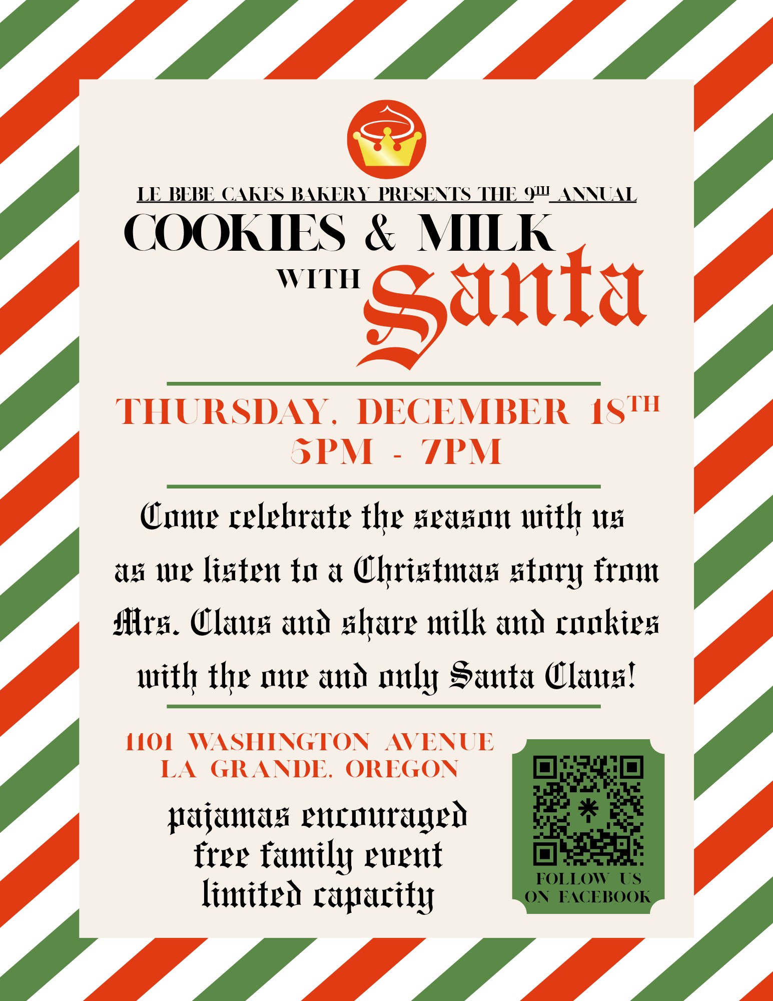 5pm Dec 18, Cookies & Milk with Santa