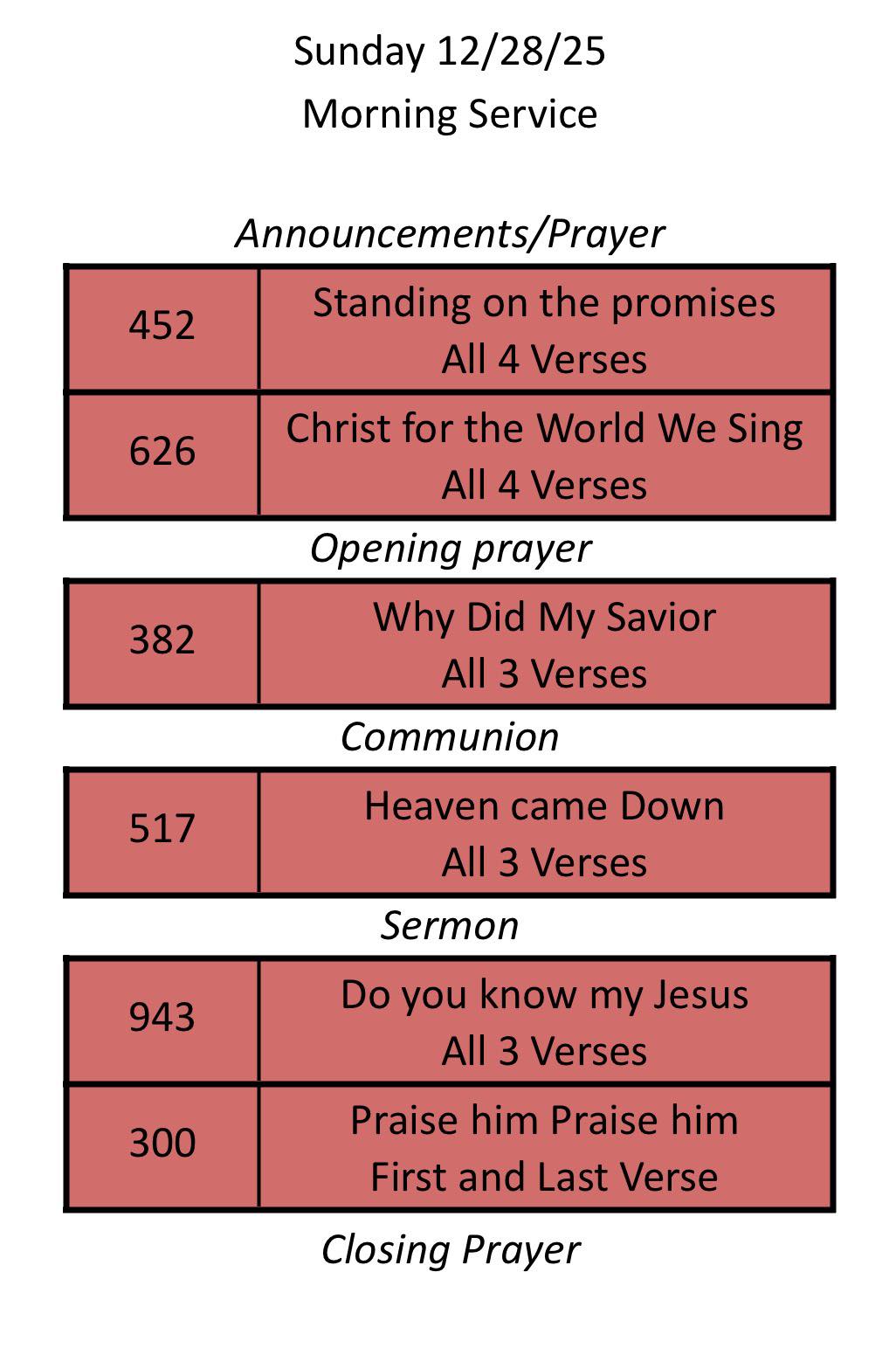 Song list for Sunday 12/28/25! | Facebook