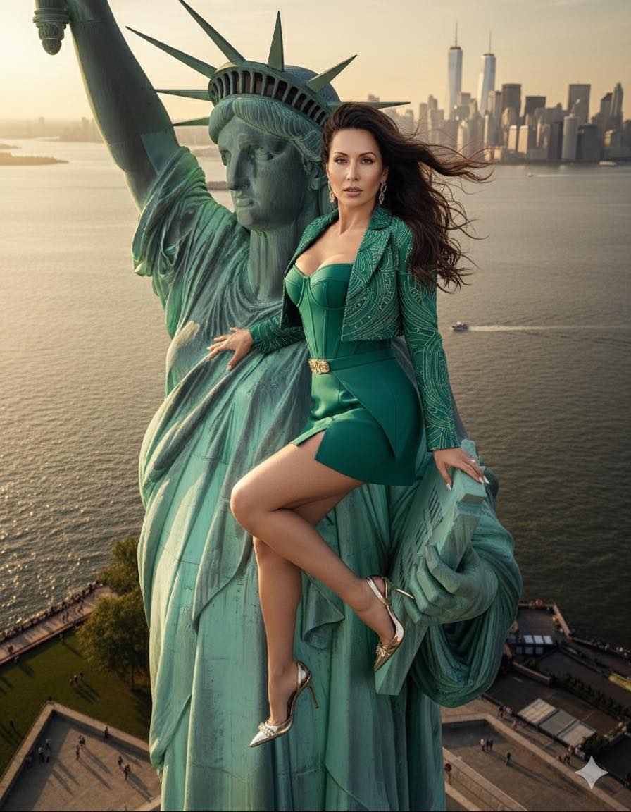 statue of liberty green dress reimagined as living woman applying makeup by water's edge Swatch:#a8a9ad