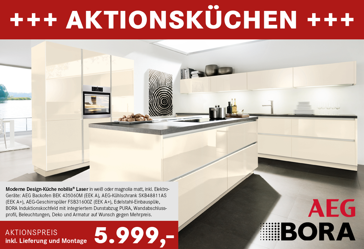 WERBUNG) Für einen Besuch in unserem Küchenhaus gibt es viele Gründe. Hier ein besonders guter: Die Design-Küche Laser von Nobilia inkl. aller E-Geräte, Lieferung und Montage für nur € 5.999,-. Ab Montag