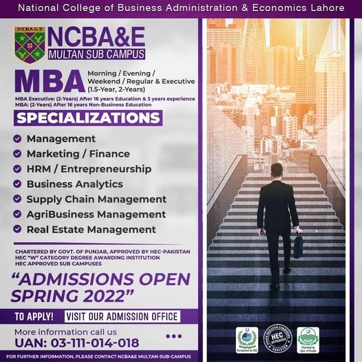 NCBA&E Multan - Admissions Open - Spring-2022 NCBA&E...