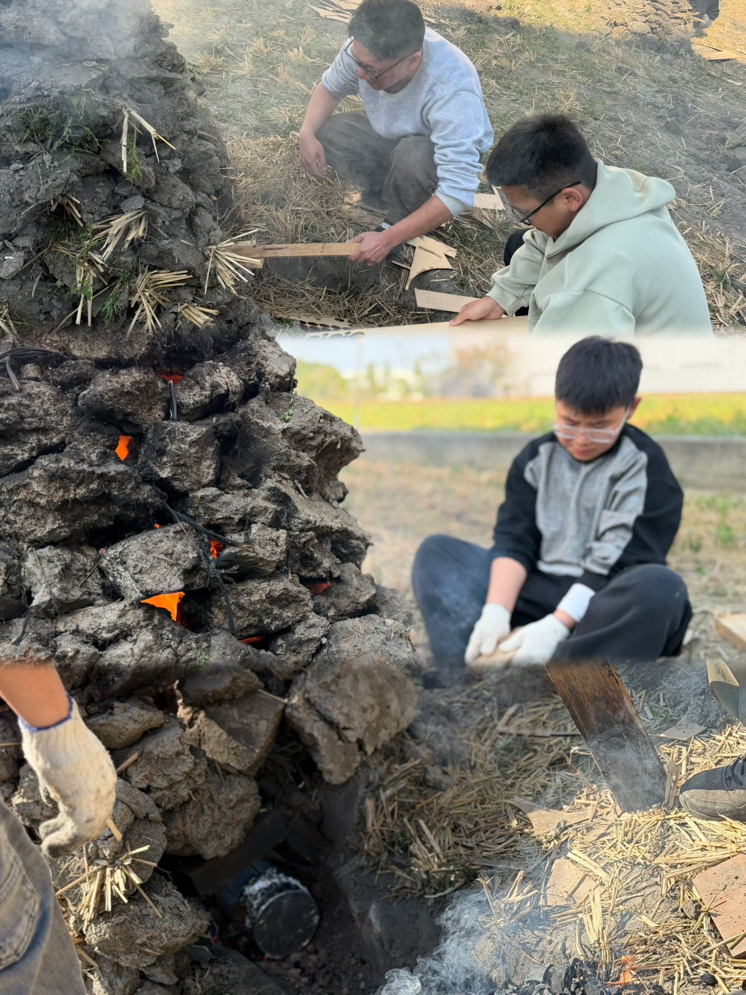 張瓊文 - 💪控窯去 徒手挖土塊、疊窯、燒稻草、木塊生火 這種粗工就派你們兩個上場。 媽媽我，在旁拍照就好 ～～... | Facebook