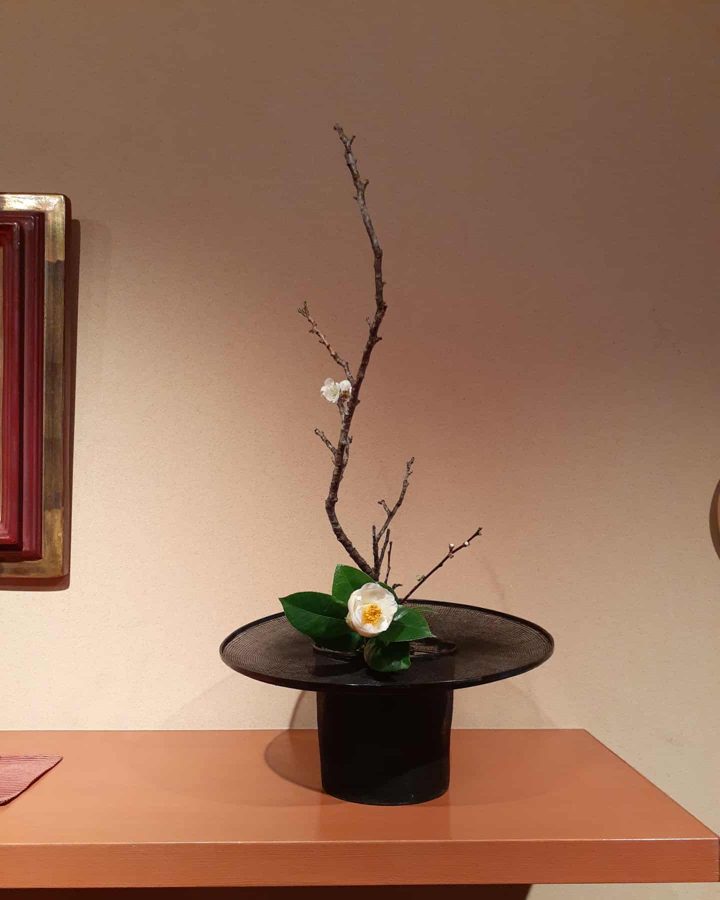 白梅 白玉椿 李朝両班帽子 #生け花#投げ入れ#骨董#インテリア#antiques 