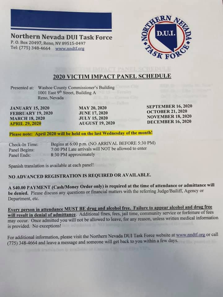 The 2020 schedule has... - Northern Nevada DUI Task Force