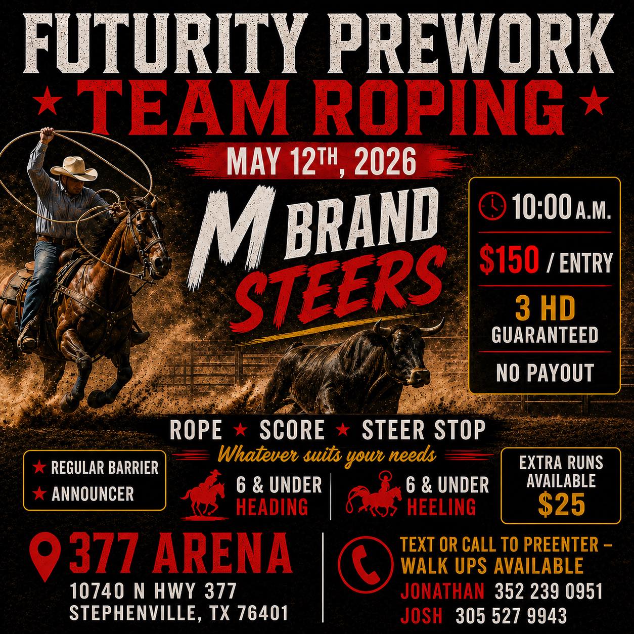 Futurity team roping event and steers for sale