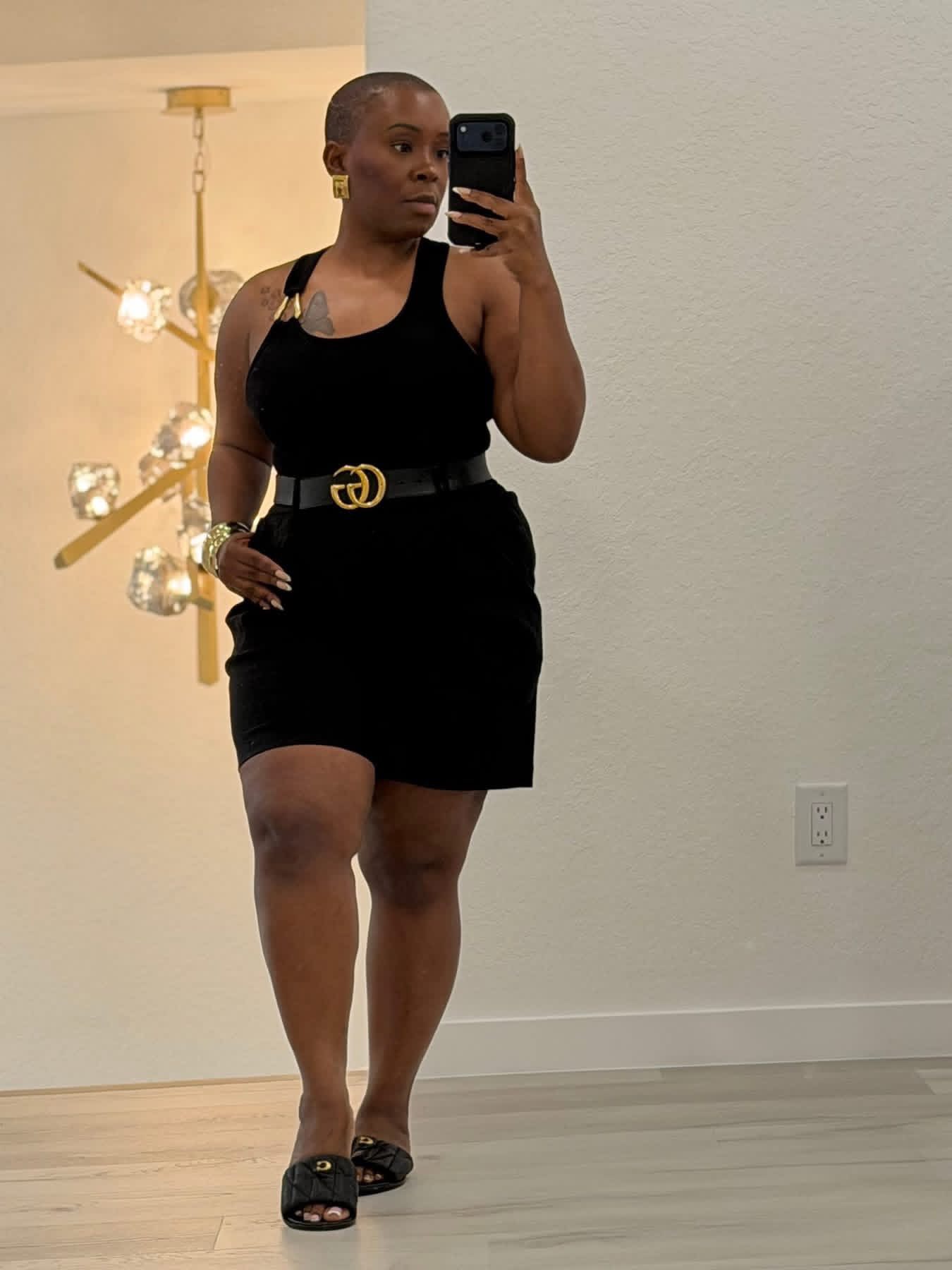 macy's gold and black dress I.n.c. with accents at Primary color:Baby Blue colored strappy sandals and x-launchdate:July 24_Drop 2 Midi Dress - Popcorn
