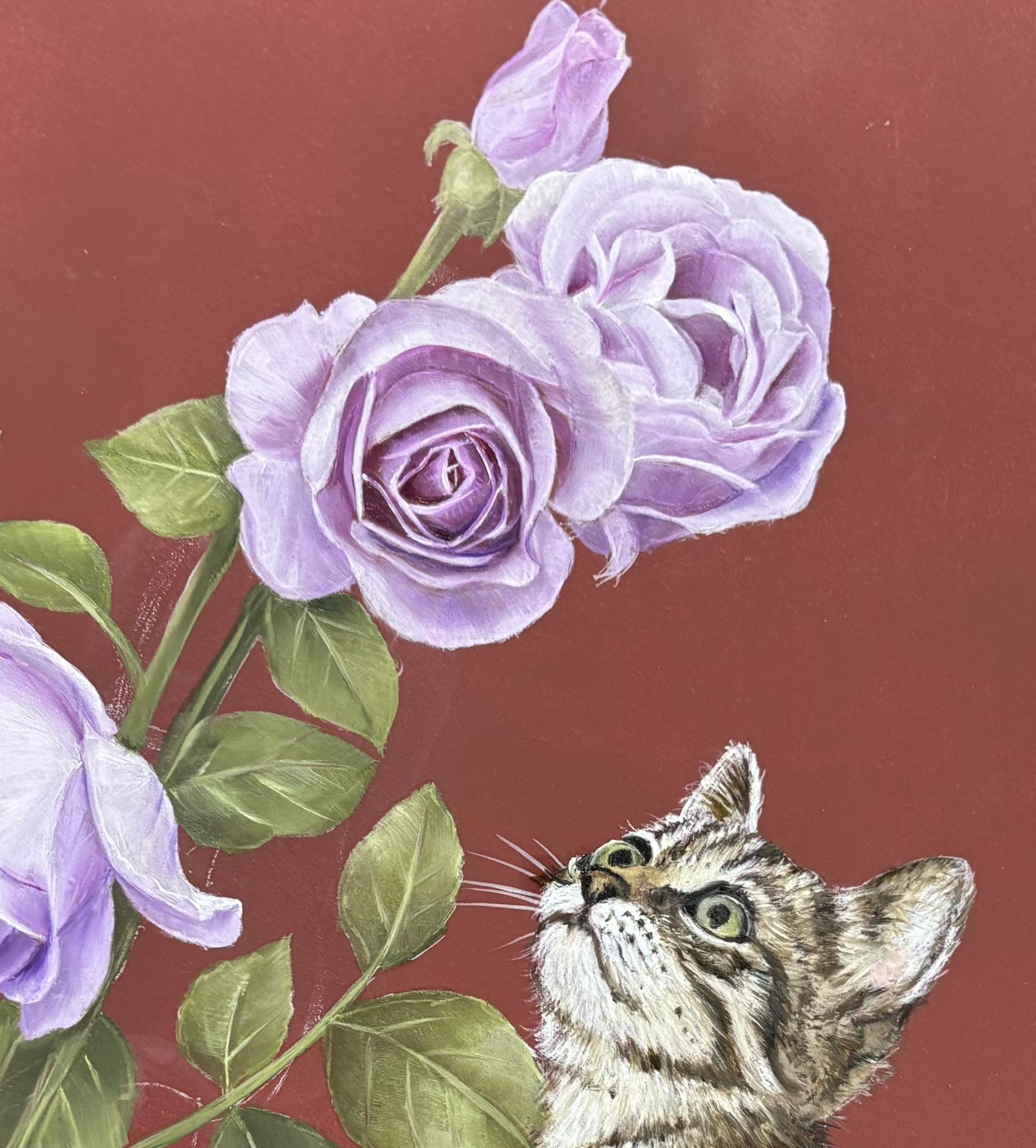 油絵 絵画【猫とピンク薔薇】 油絵「薔薇と猫」 | iichi 日々の暮らし