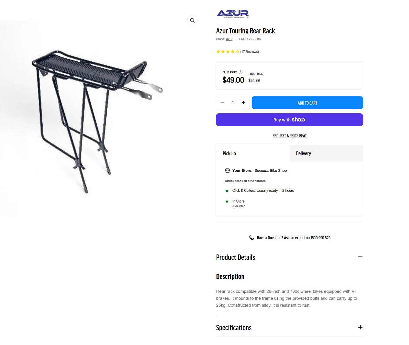 Touring Rear Rack - Azur - Bicycle Accessories - Perth, Western ...