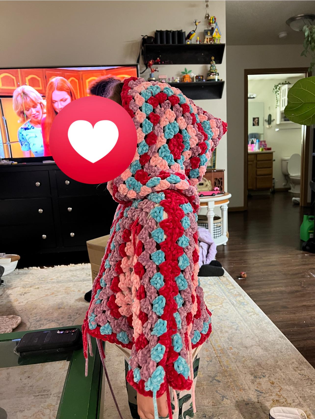 Crochet hexagon hoodie with granny square hood
