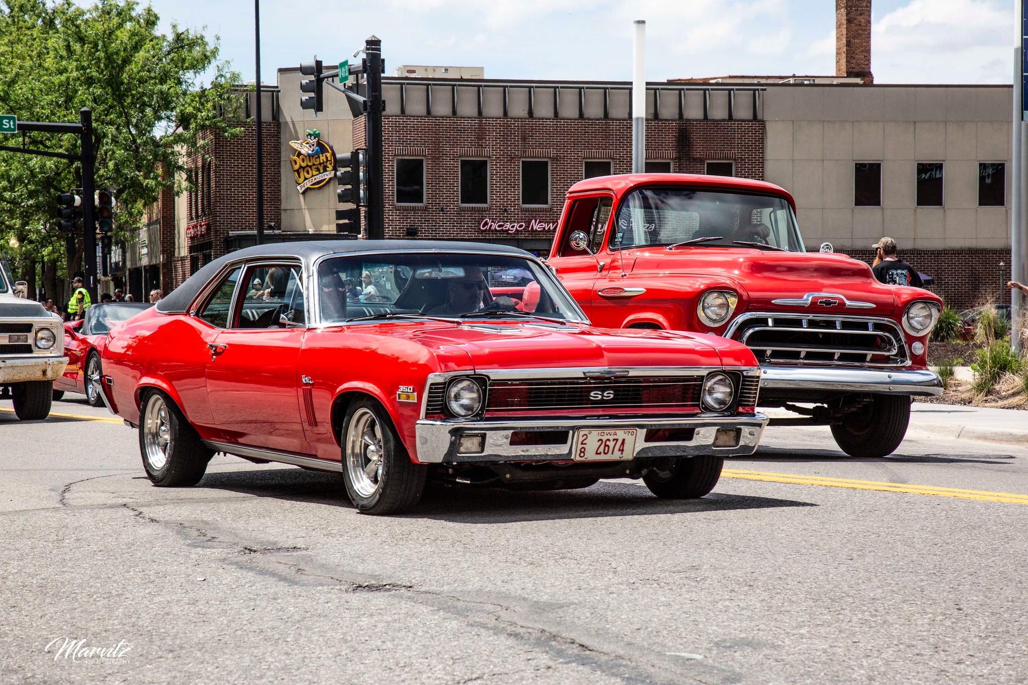 Cars leaving the 2026 Wags & Wheels Car Show in Council Bluffs, Iowa.