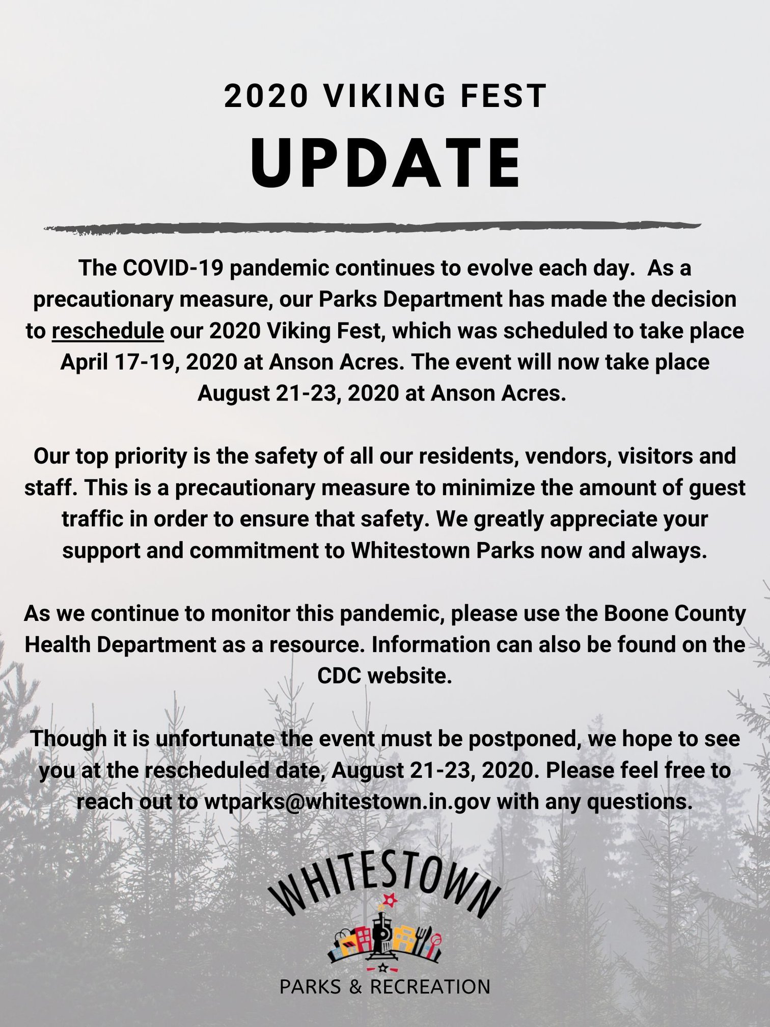 Whitestown Parks and Recreation - ‼️ Important Update for Viking Fest‼️ ...