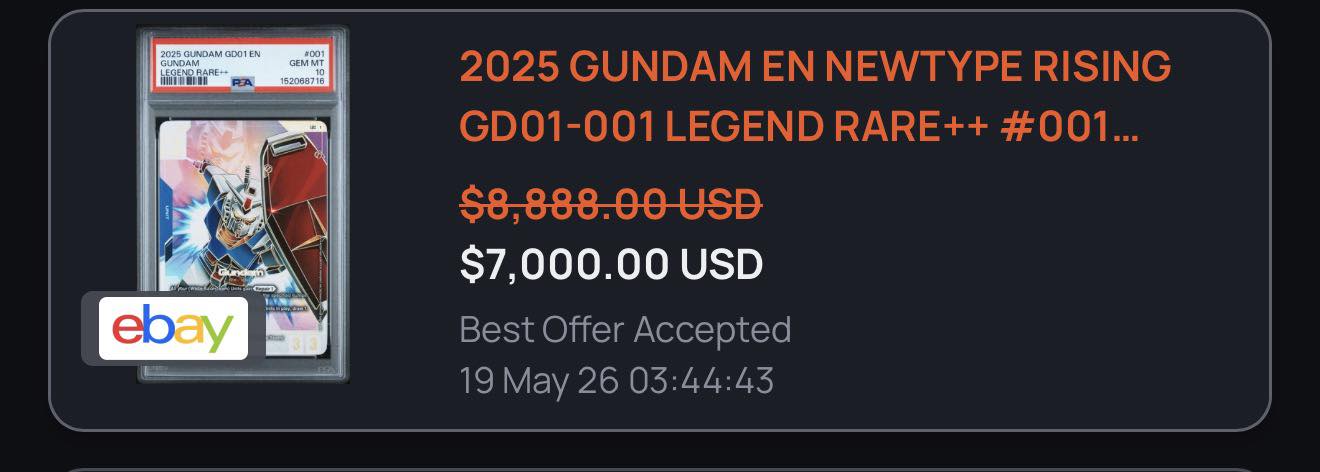 PSA-graded Gundam card GD01 sold for $8,888 on eBay